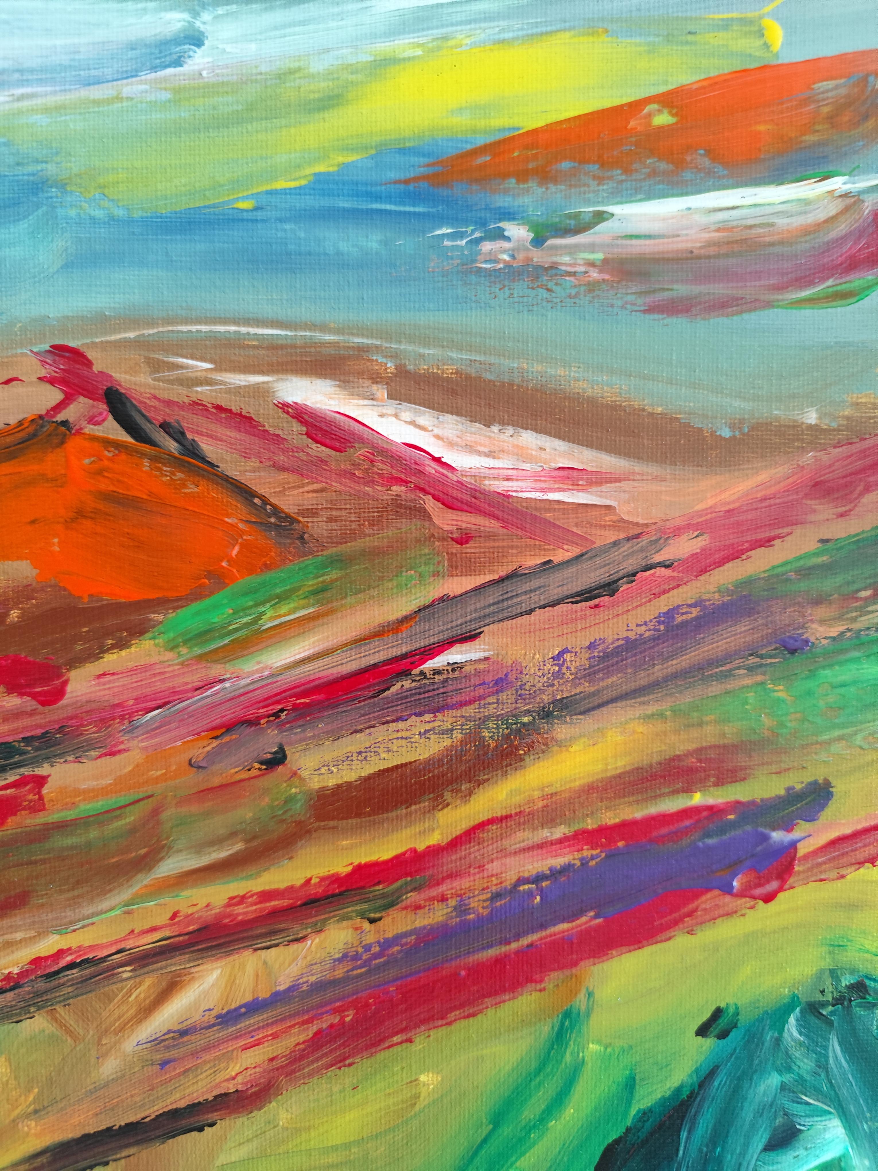 Peinture de paysage abstraite expressive sur toile « River among mountains » en vente 7