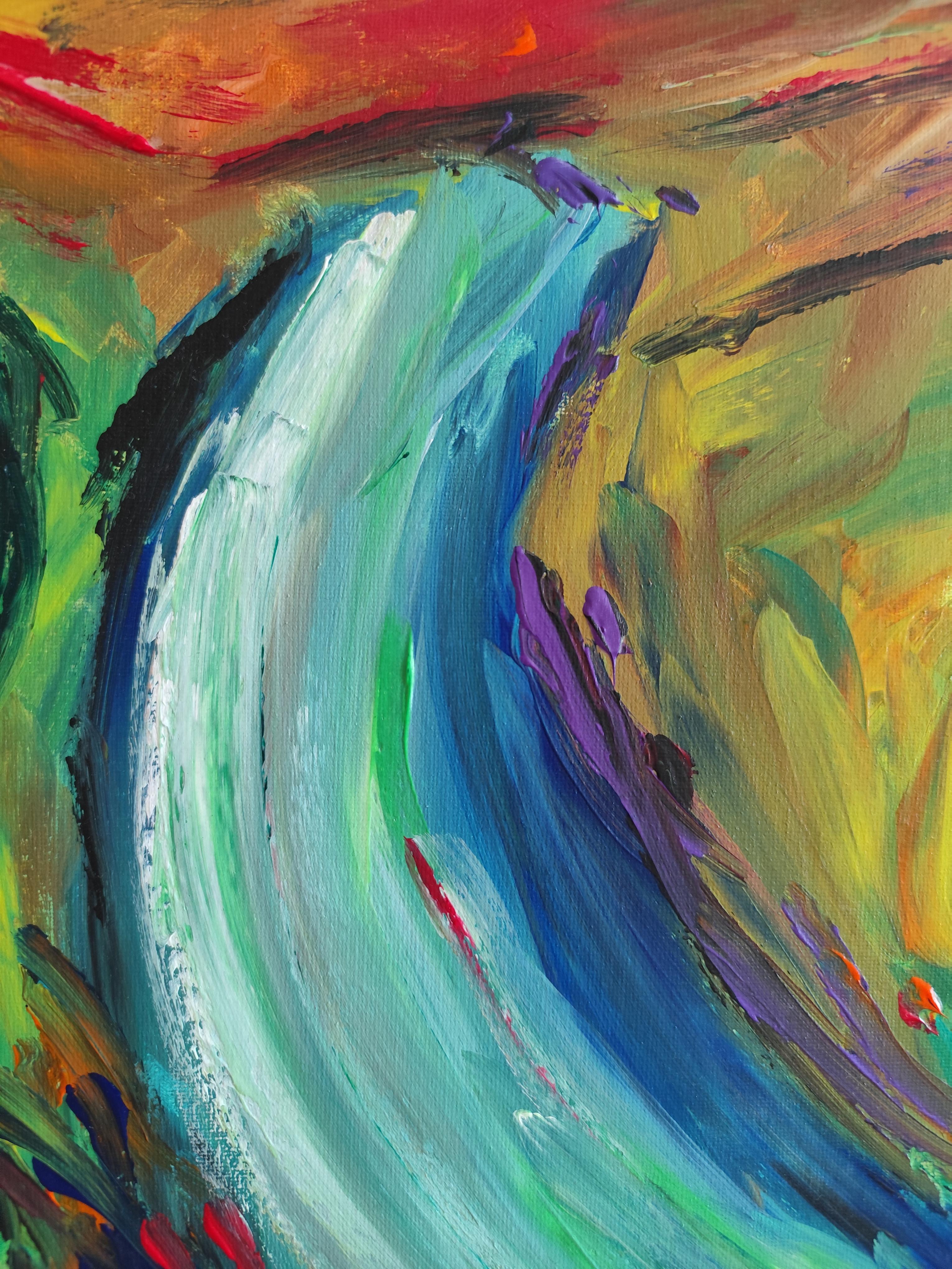Peinture de paysage abstraite expressive sur toile « River among mountains » en vente 9