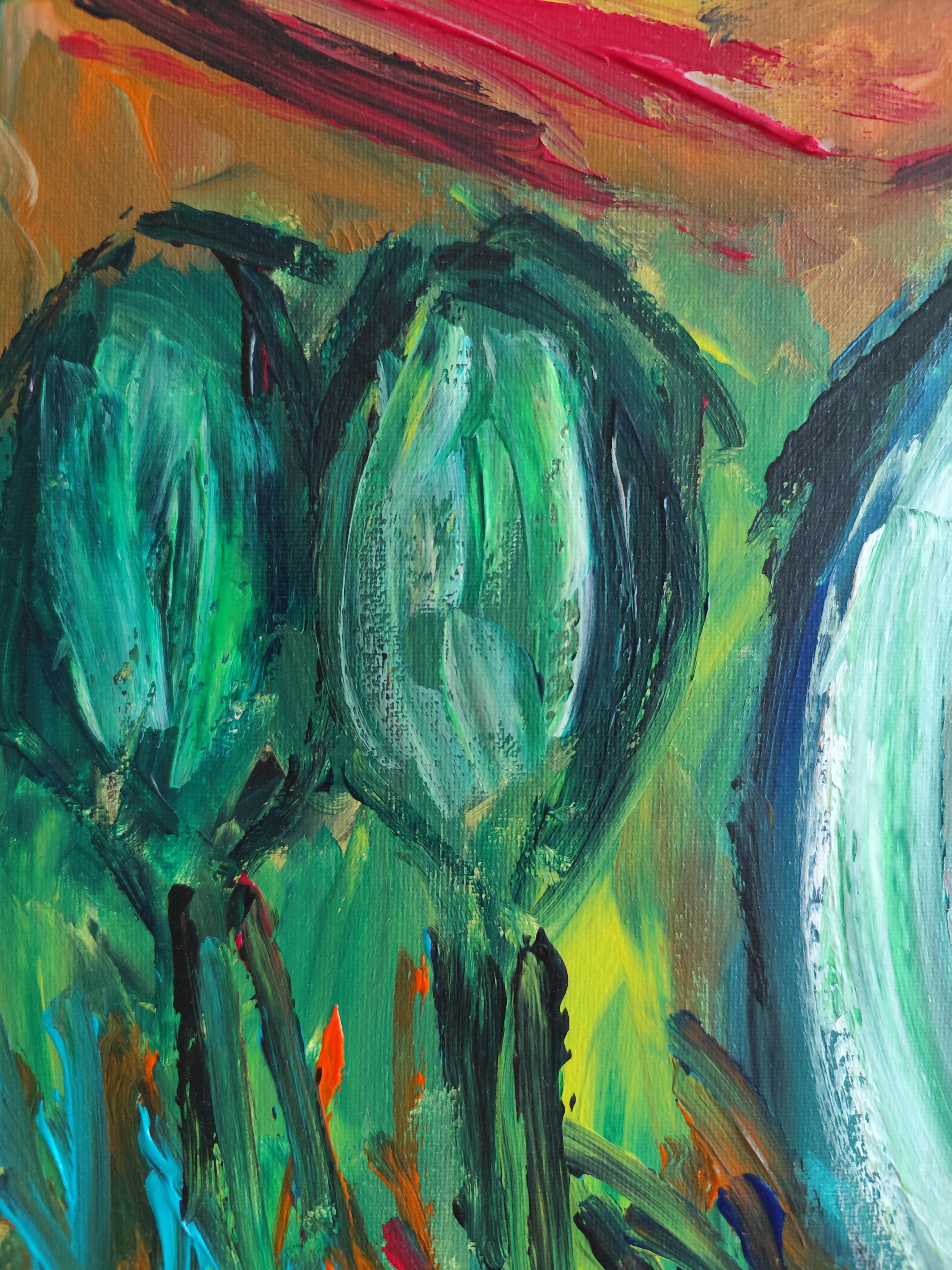 Peinture de paysage abstraite expressive sur toile « River among mountains » en vente 10