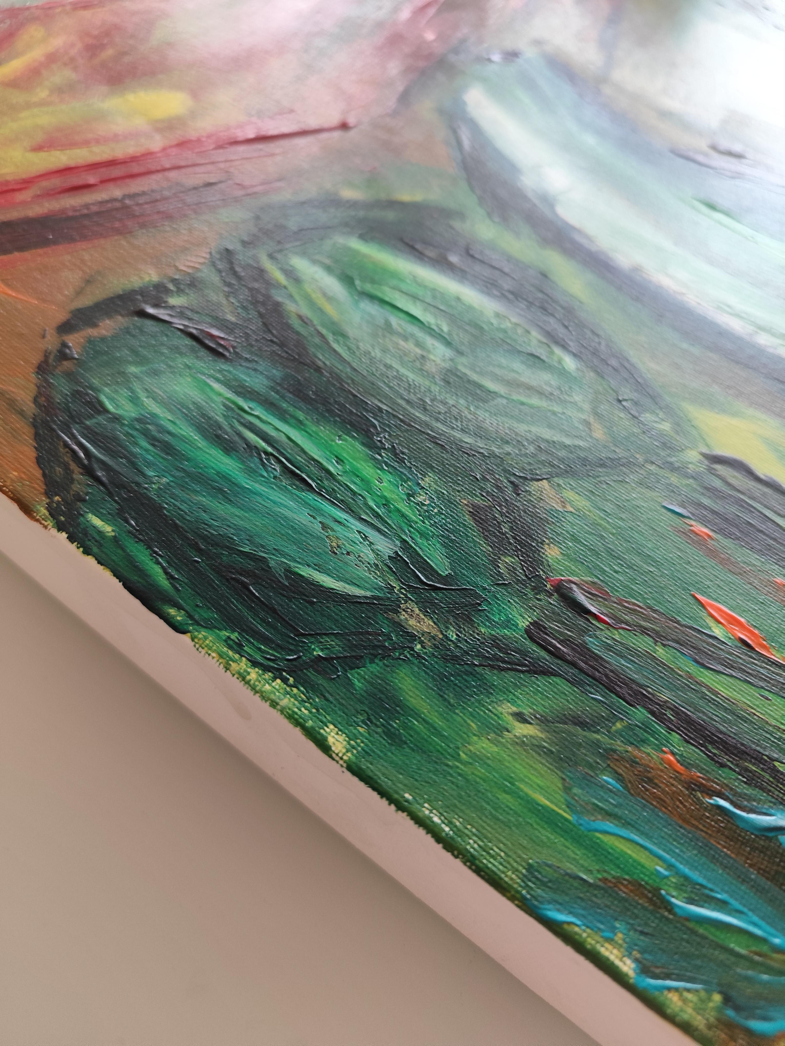Peinture de paysage abstraite expressive sur toile « River among mountains » en vente 12