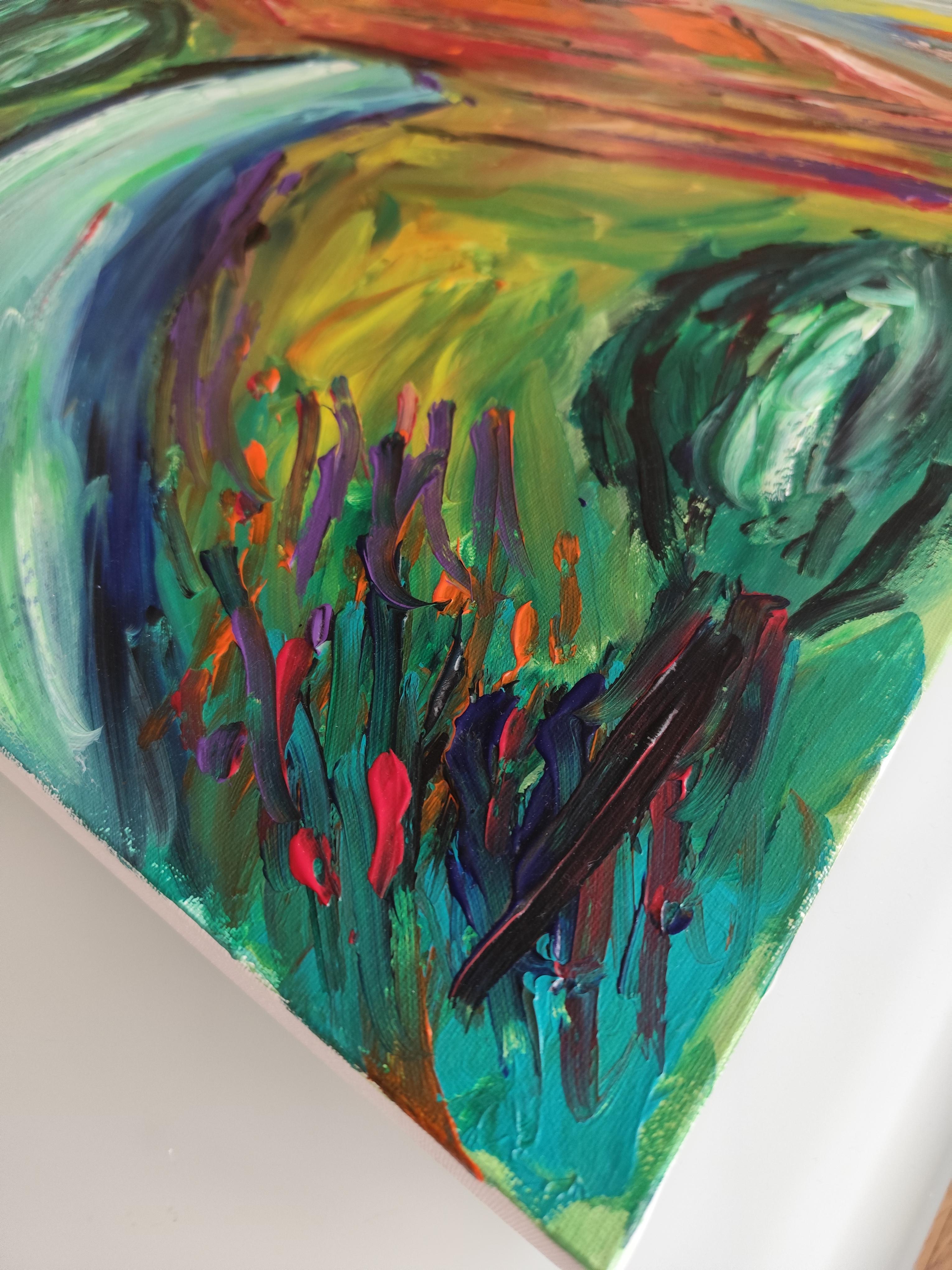 Peinture de paysage abstraite expressive sur toile « River among mountains » en vente 13