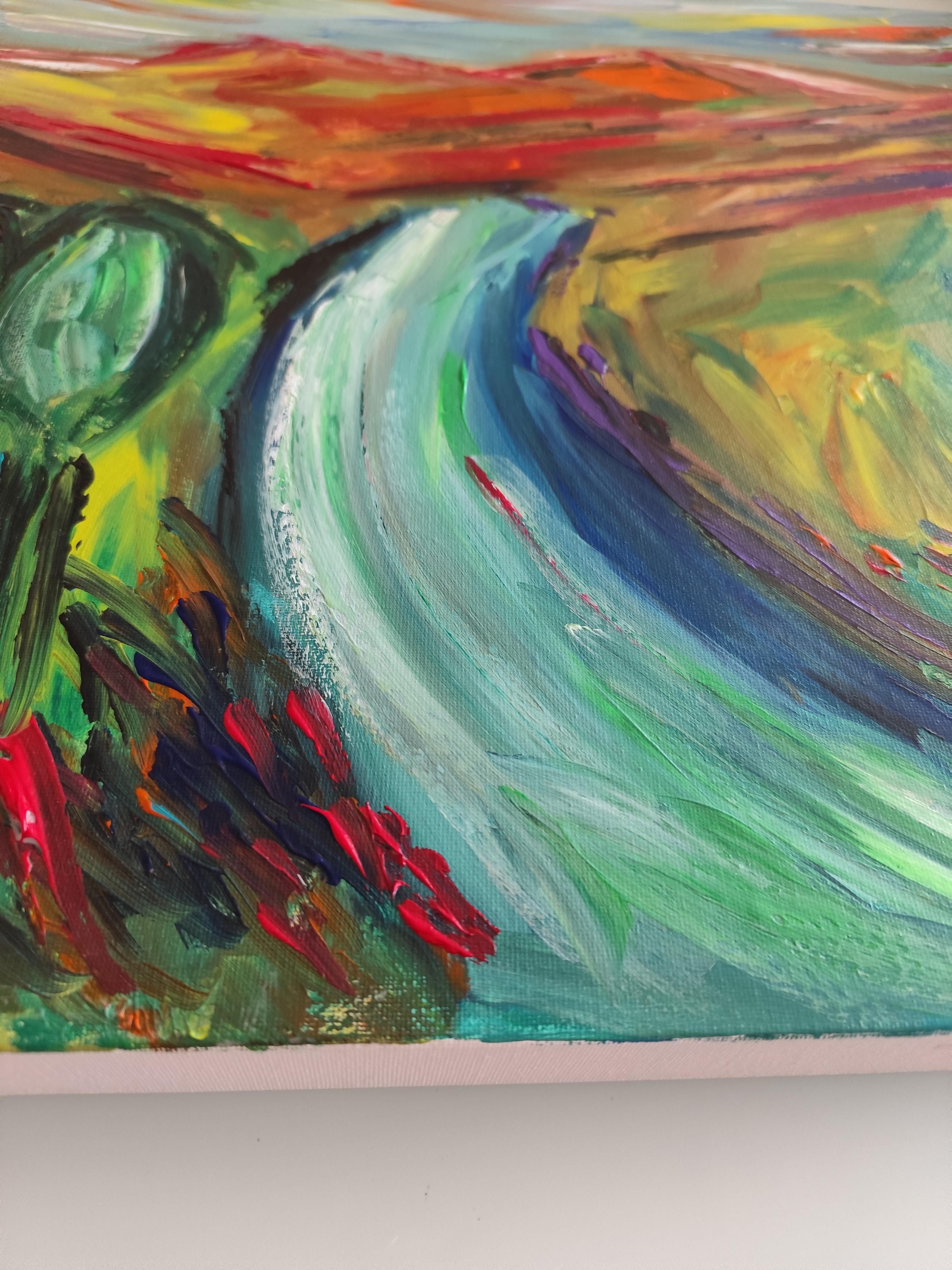 Peinture de paysage abstraite expressive sur toile « River among mountains » en vente 14