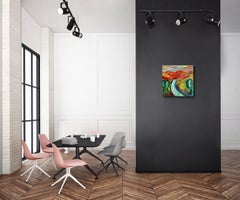 Pintura abstracta expresiva de paisaje sobre lienzo "Río entre montañas"