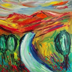 Abstract expressive landscape painting on canvas "River among mountains"