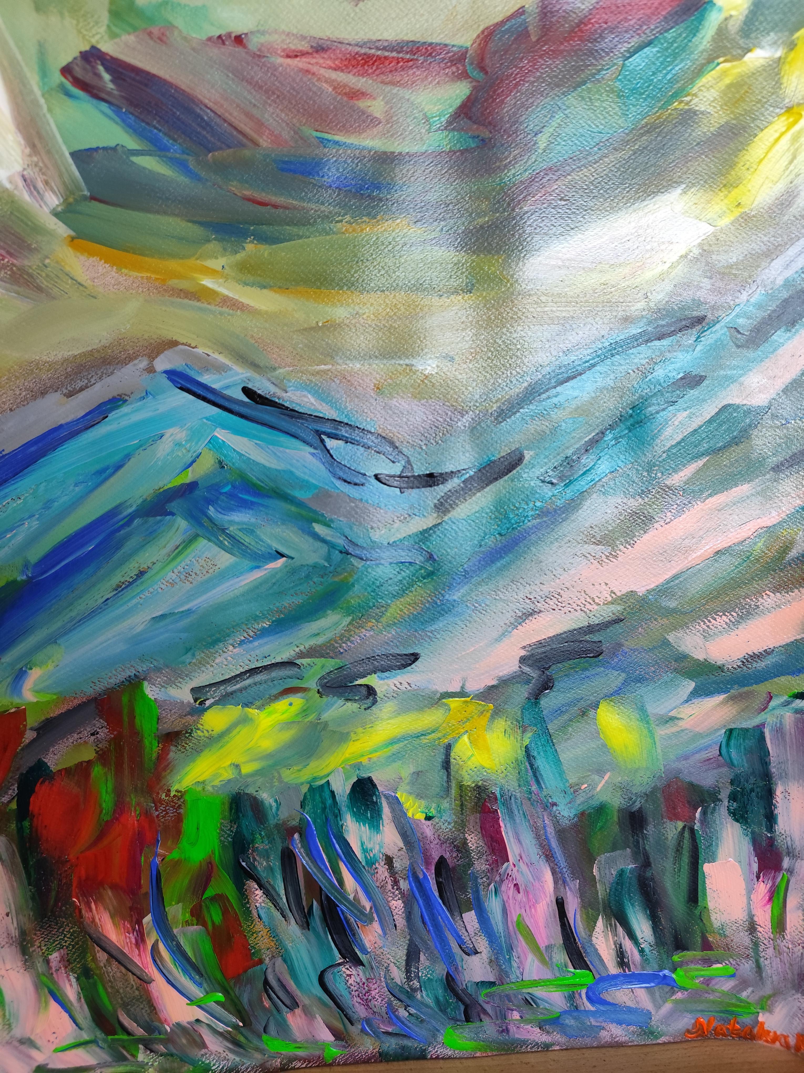 Naturaleza expresiva abstracta paisaje montañas pintura acrílica sobre papel en venta 8