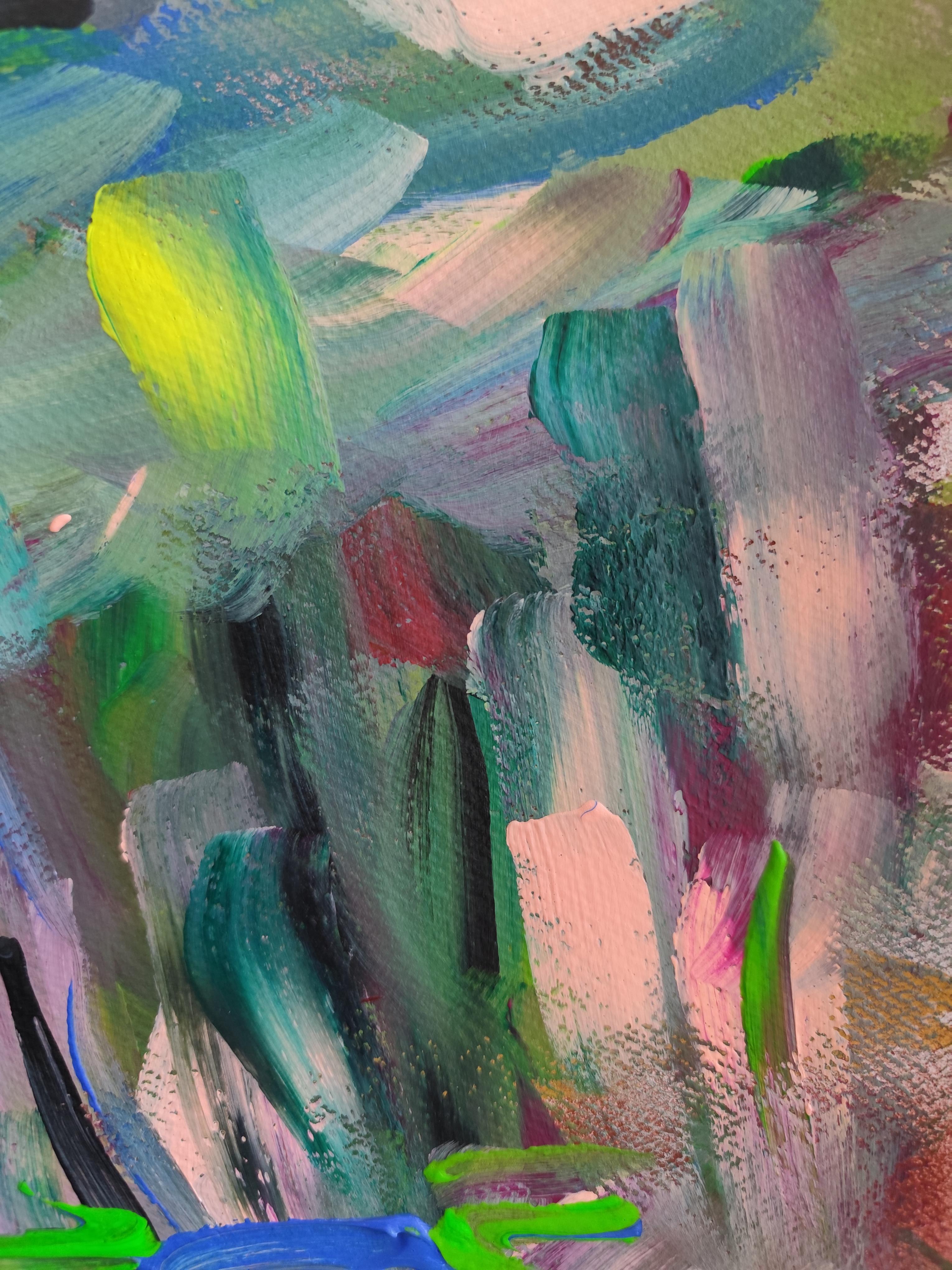 Naturaleza expresiva abstracta paisaje montañas pintura acrílica sobre papel en venta 11