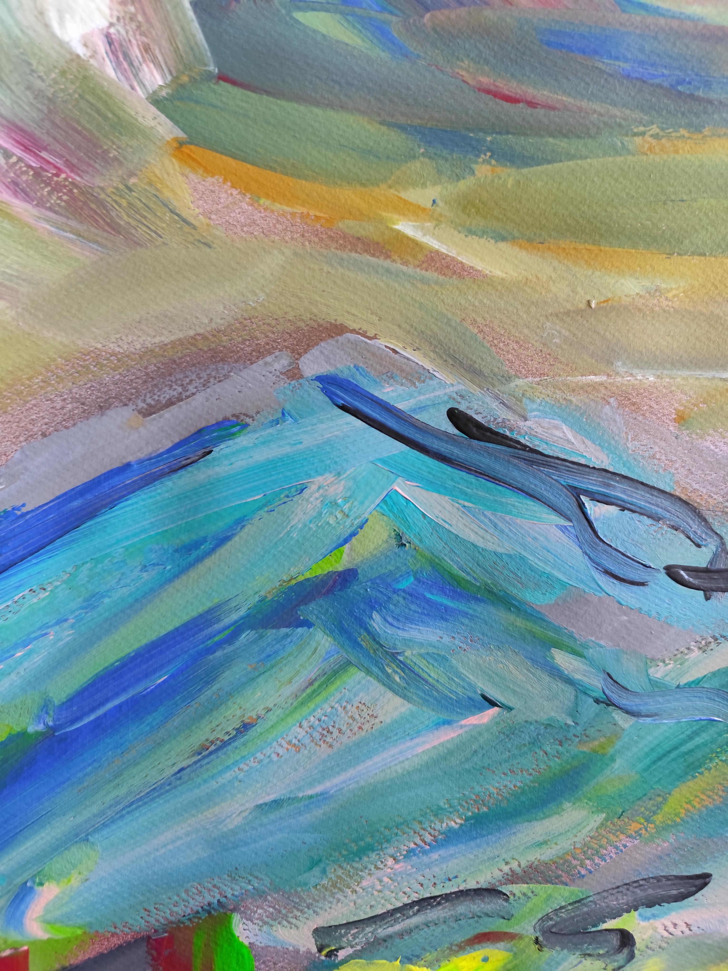 Naturaleza expresiva abstracta paisaje montañas pintura acrílica sobre papel en venta 12