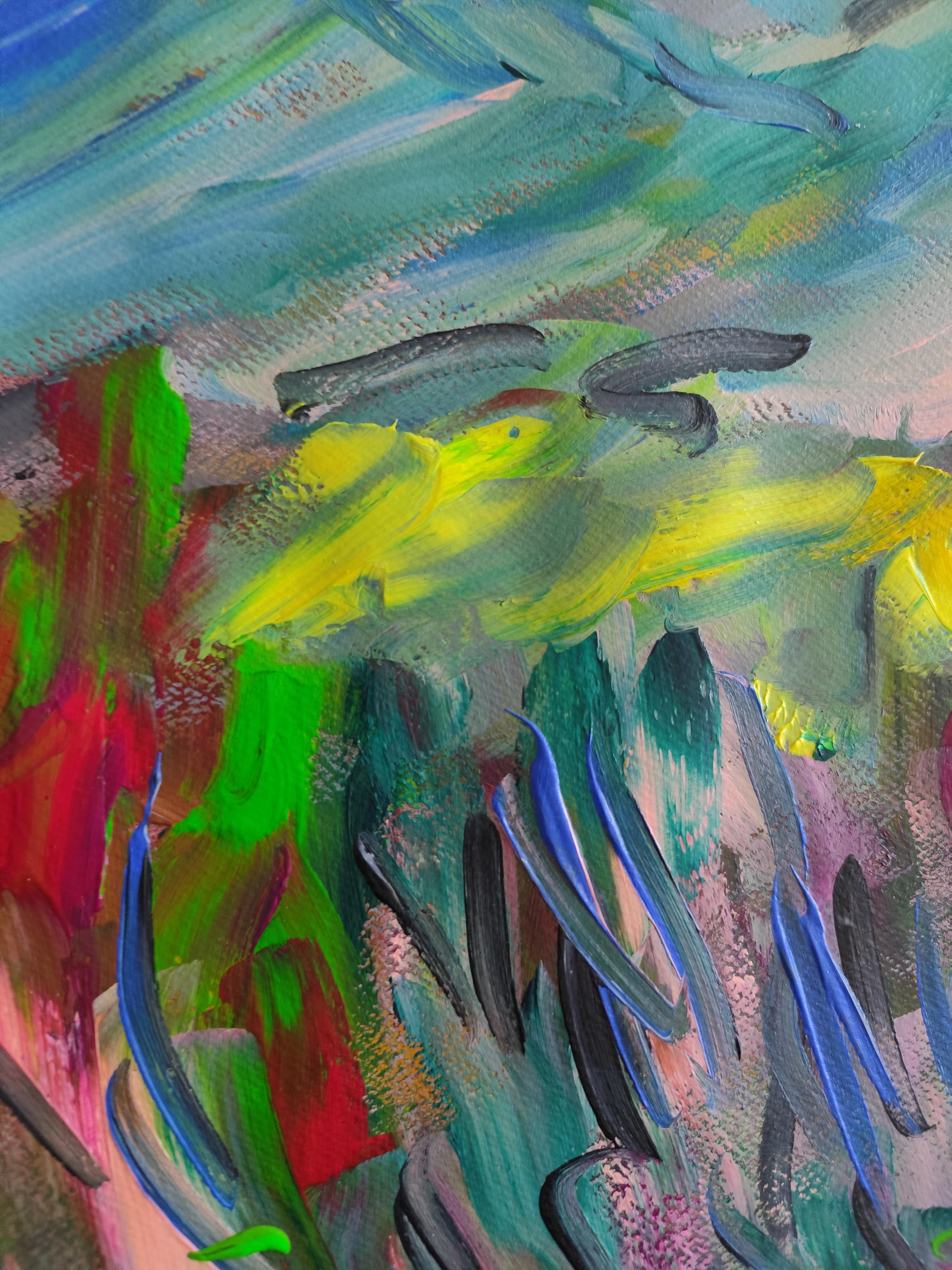 Naturaleza expresiva abstracta paisaje montañas pintura acrílica sobre papel en venta 13