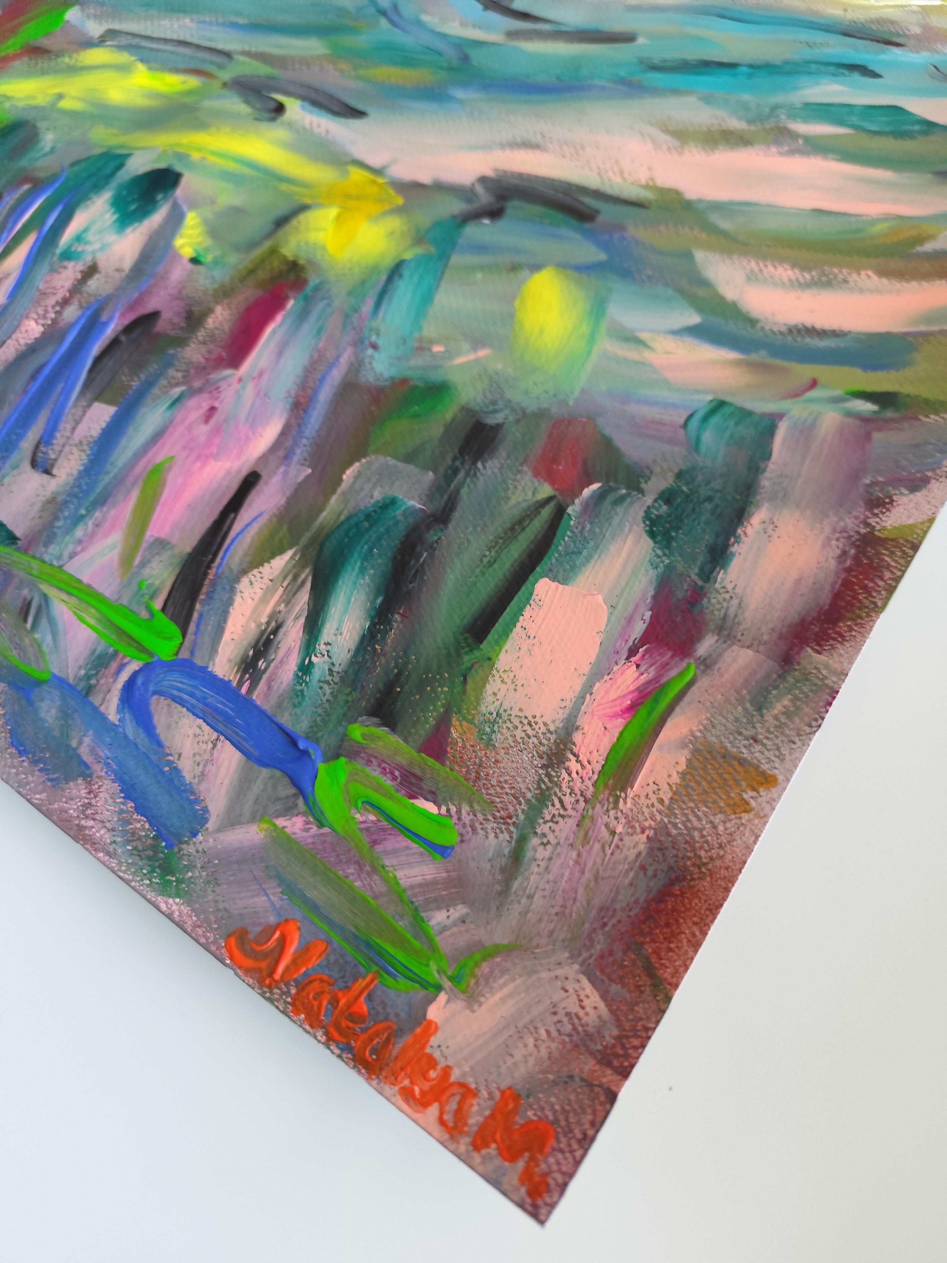 Naturaleza expresiva abstracta paisaje montañas pintura acrílica sobre papel en venta 14