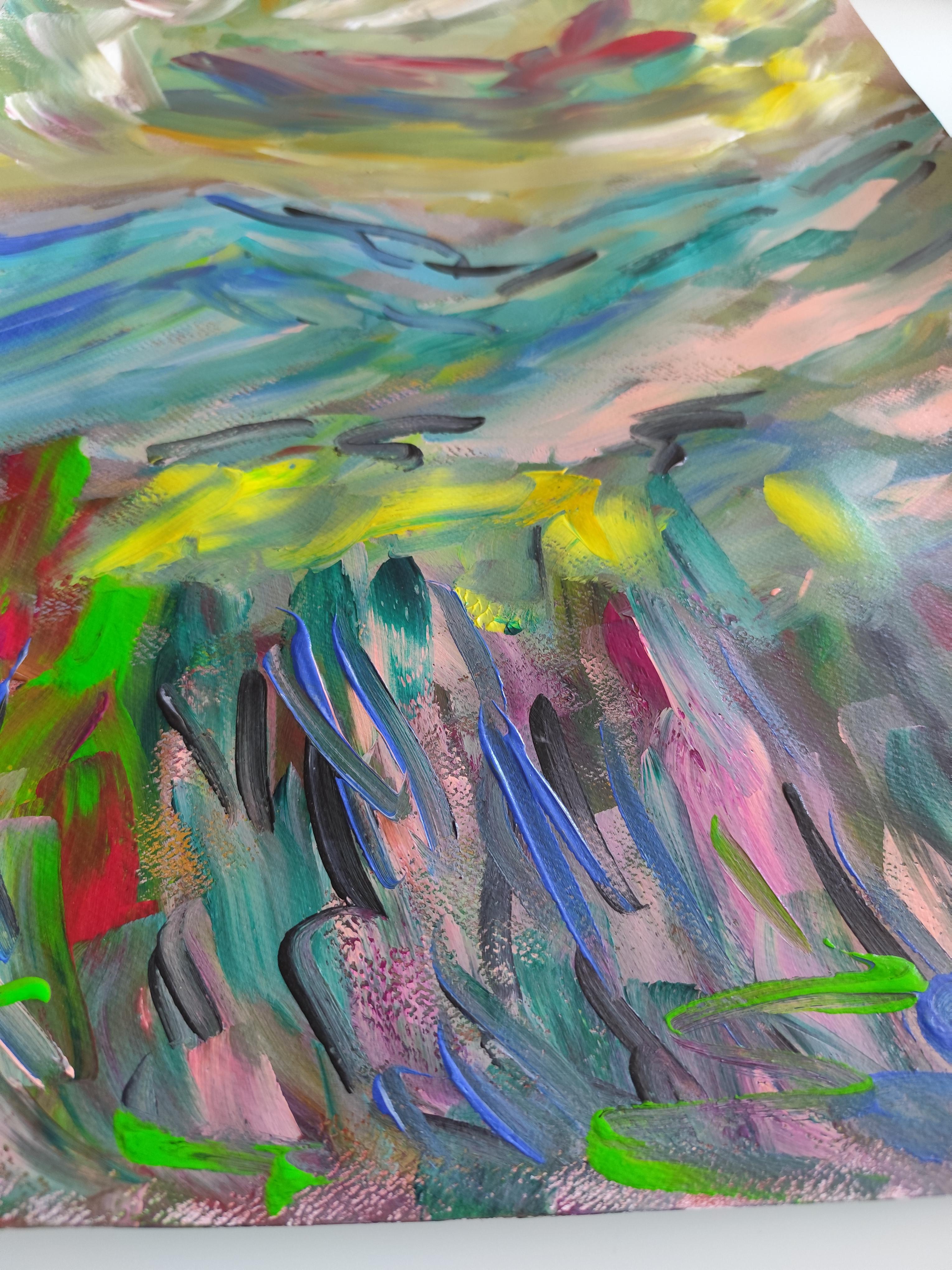 Naturaleza expresiva abstracta paisaje montañas pintura acrílica sobre papel en venta 15