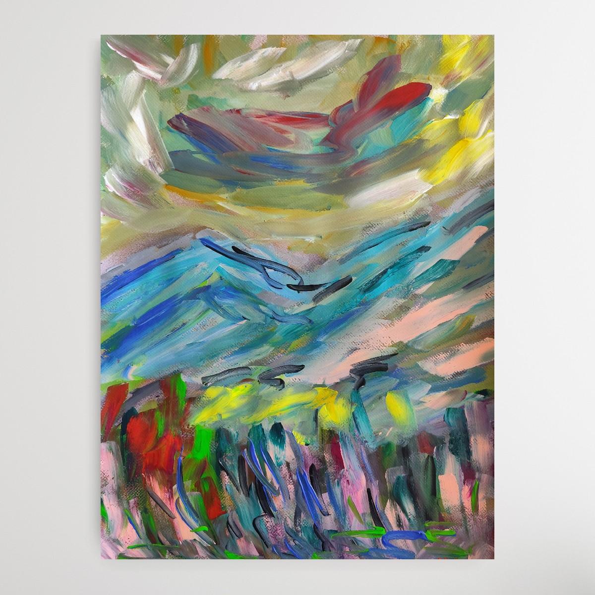 Naturaleza expresiva abstracta paisaje montañas pintura acrílica sobre papel en venta 3
