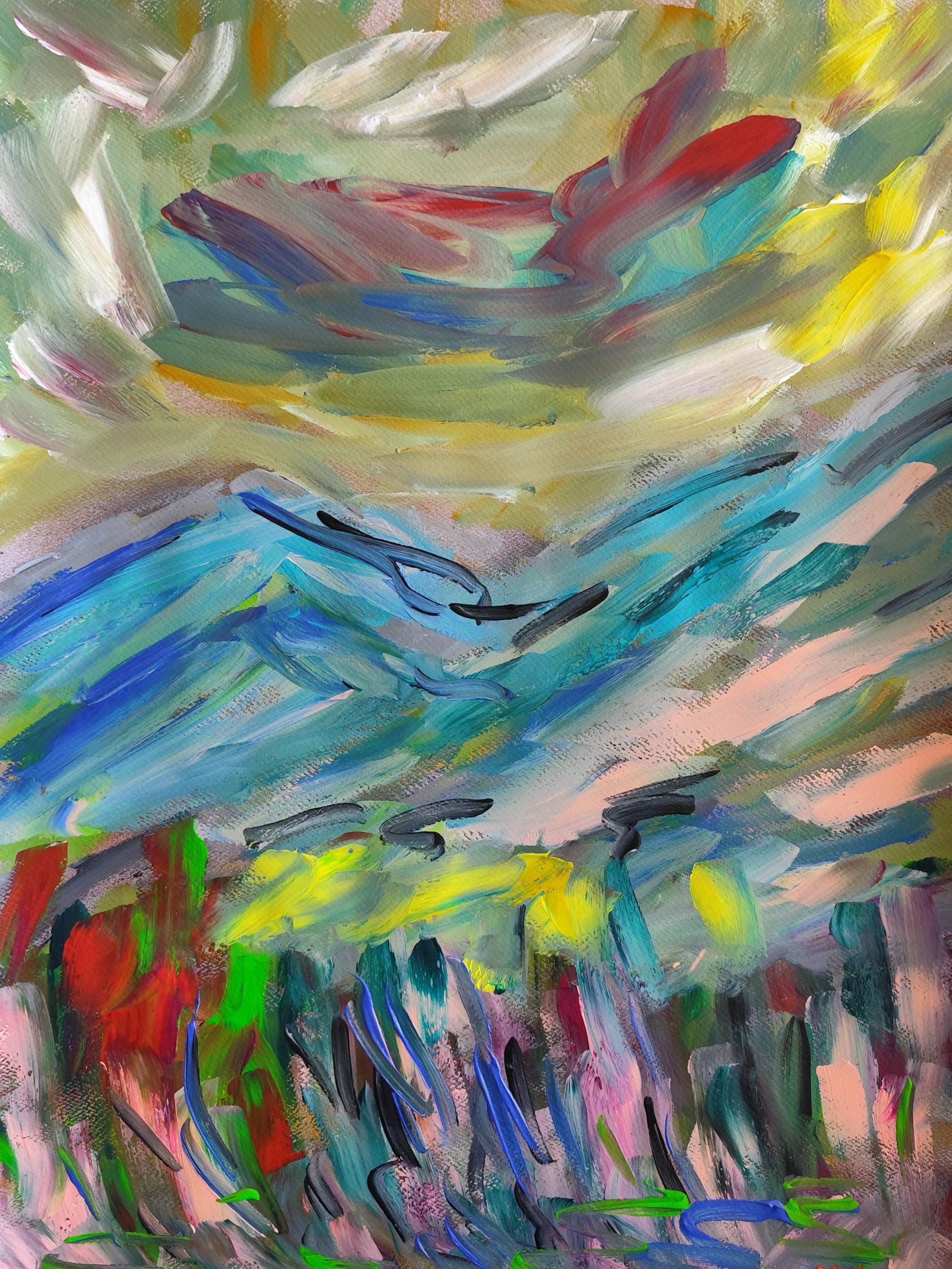 Abstract Painting de Mougenot Natalya - Naturaleza expresiva abstracta paisaje montañas pintura acrílica sobre papel