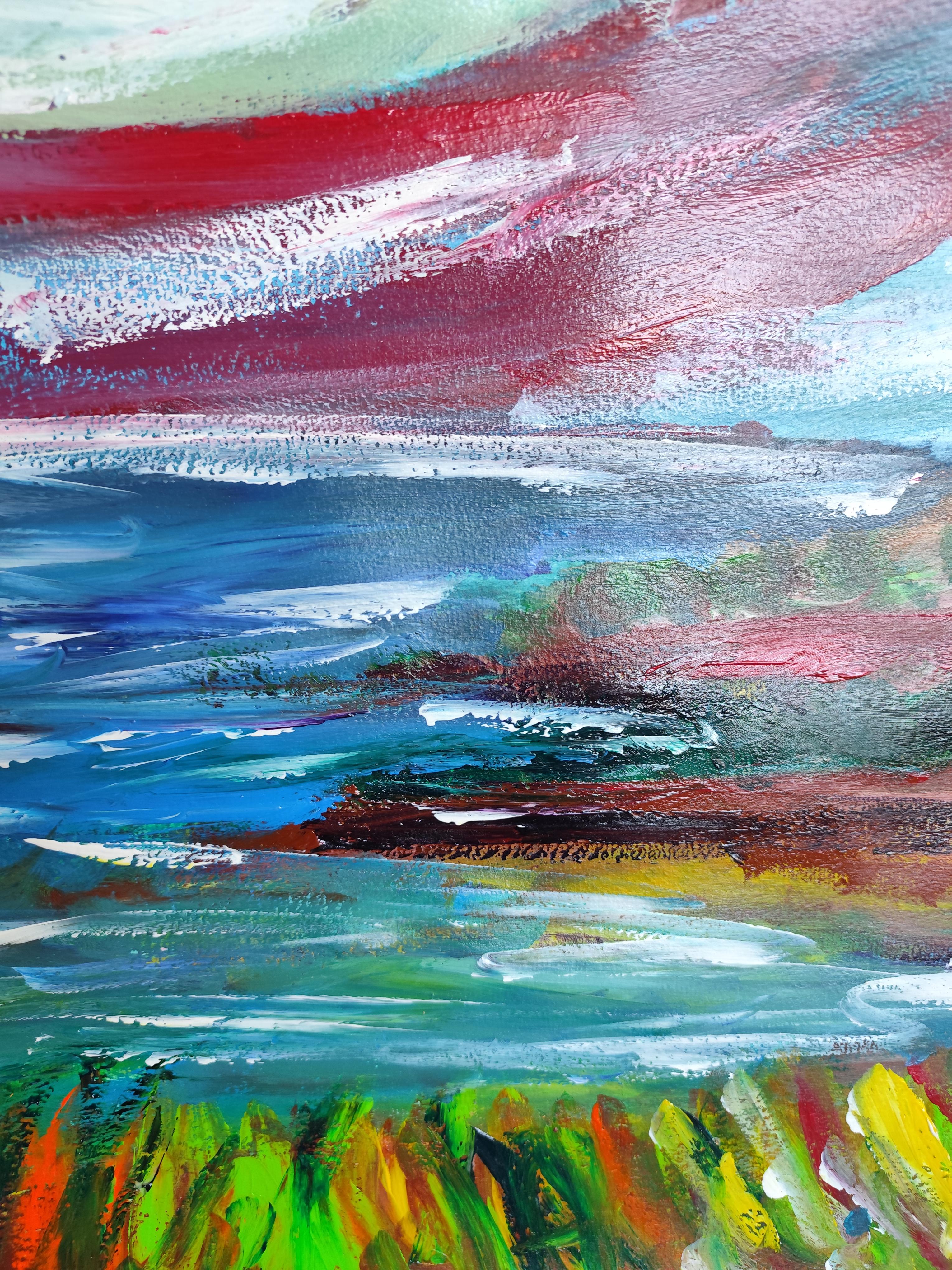 Pittura astratta espressiva Nature paesaggio mare spiaggia acrilico su carta in vendita 6