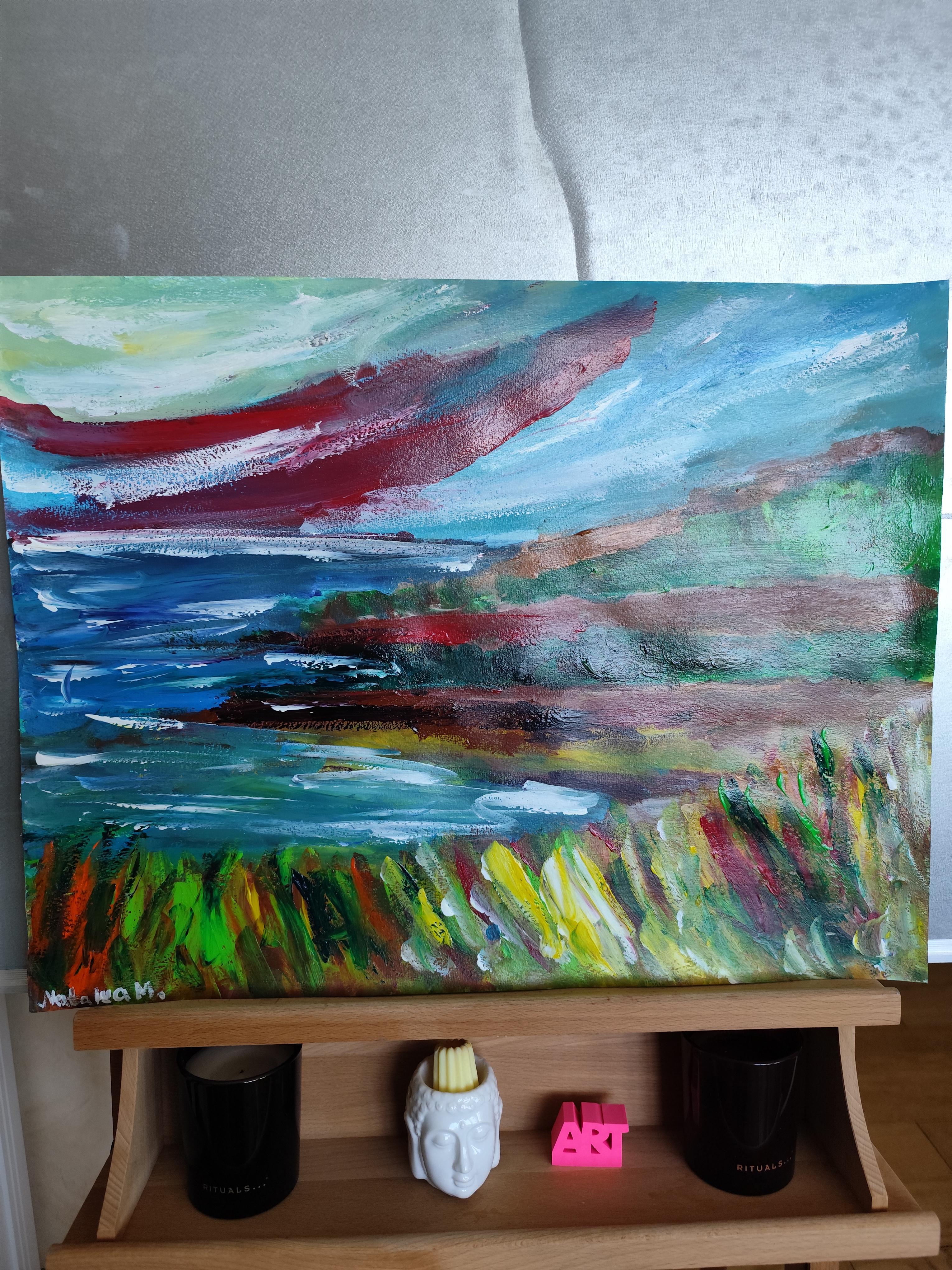 Pittura astratta espressiva Nature paesaggio mare spiaggia acrilico su carta in vendita 7