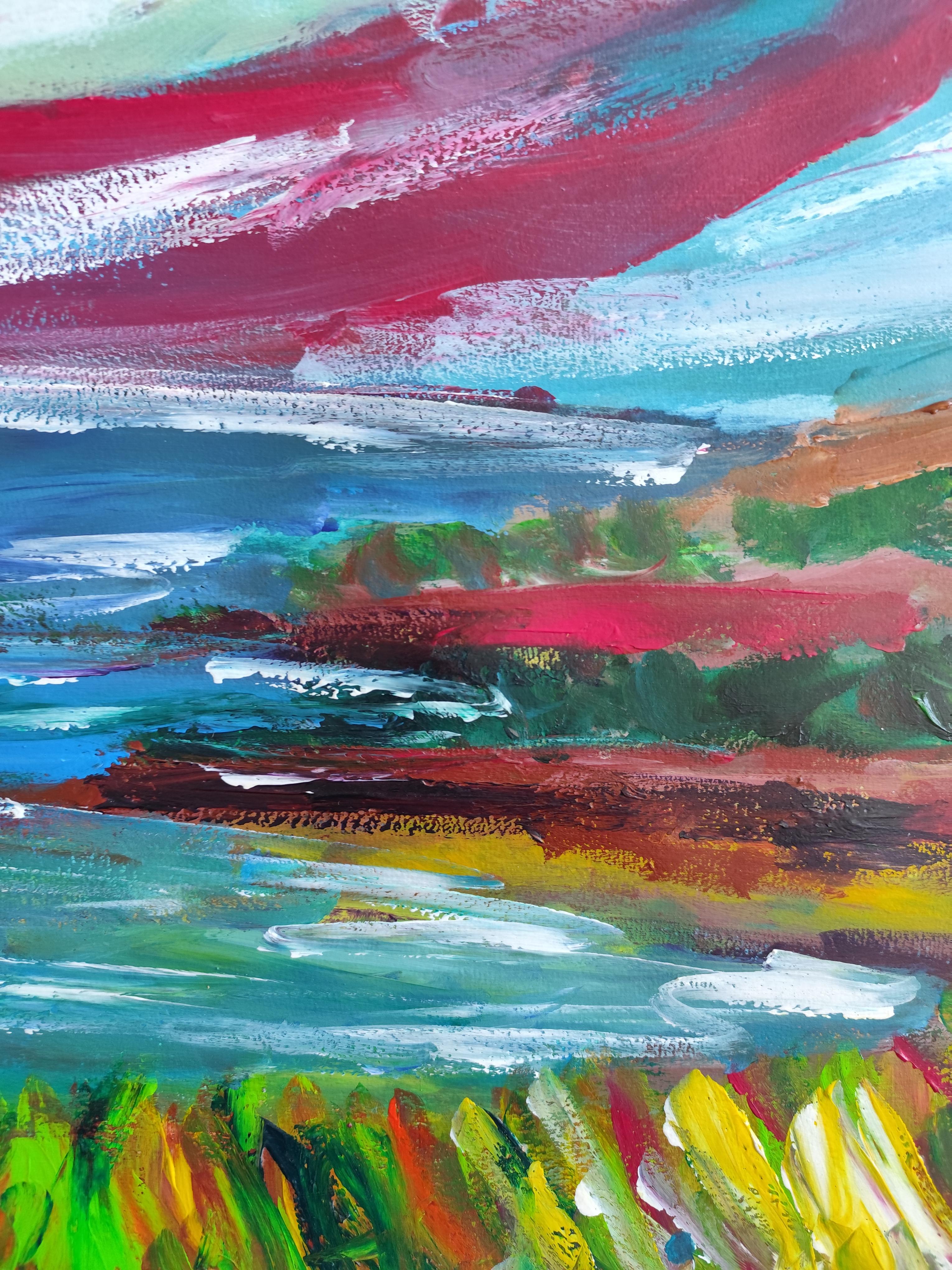Pittura astratta espressiva Nature paesaggio mare spiaggia acrilico su carta in vendita 10