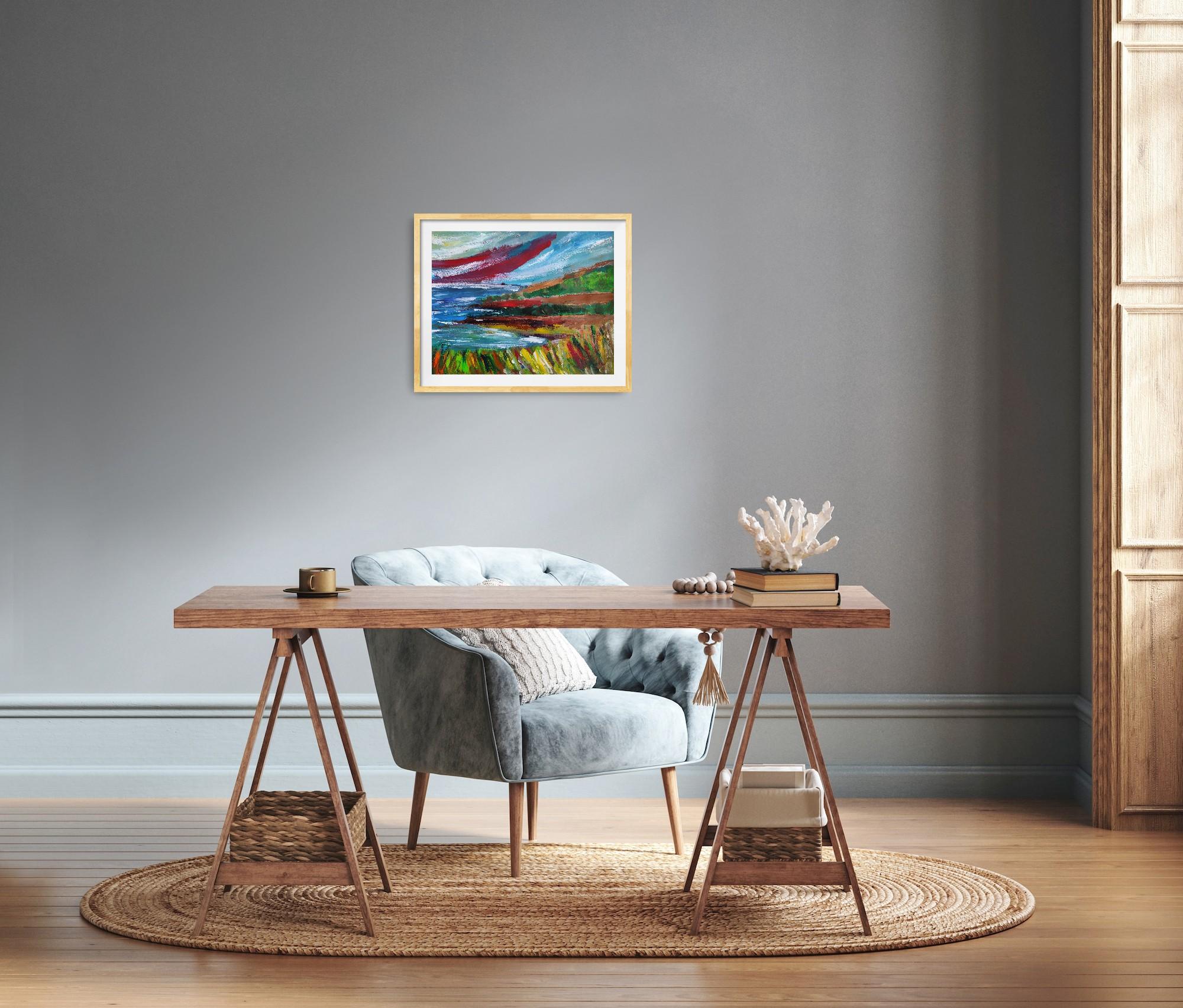 Pittura astratta espressiva Nature paesaggio mare spiaggia acrilico su carta - Landscape Painting Grigio di Mougenot Natalya