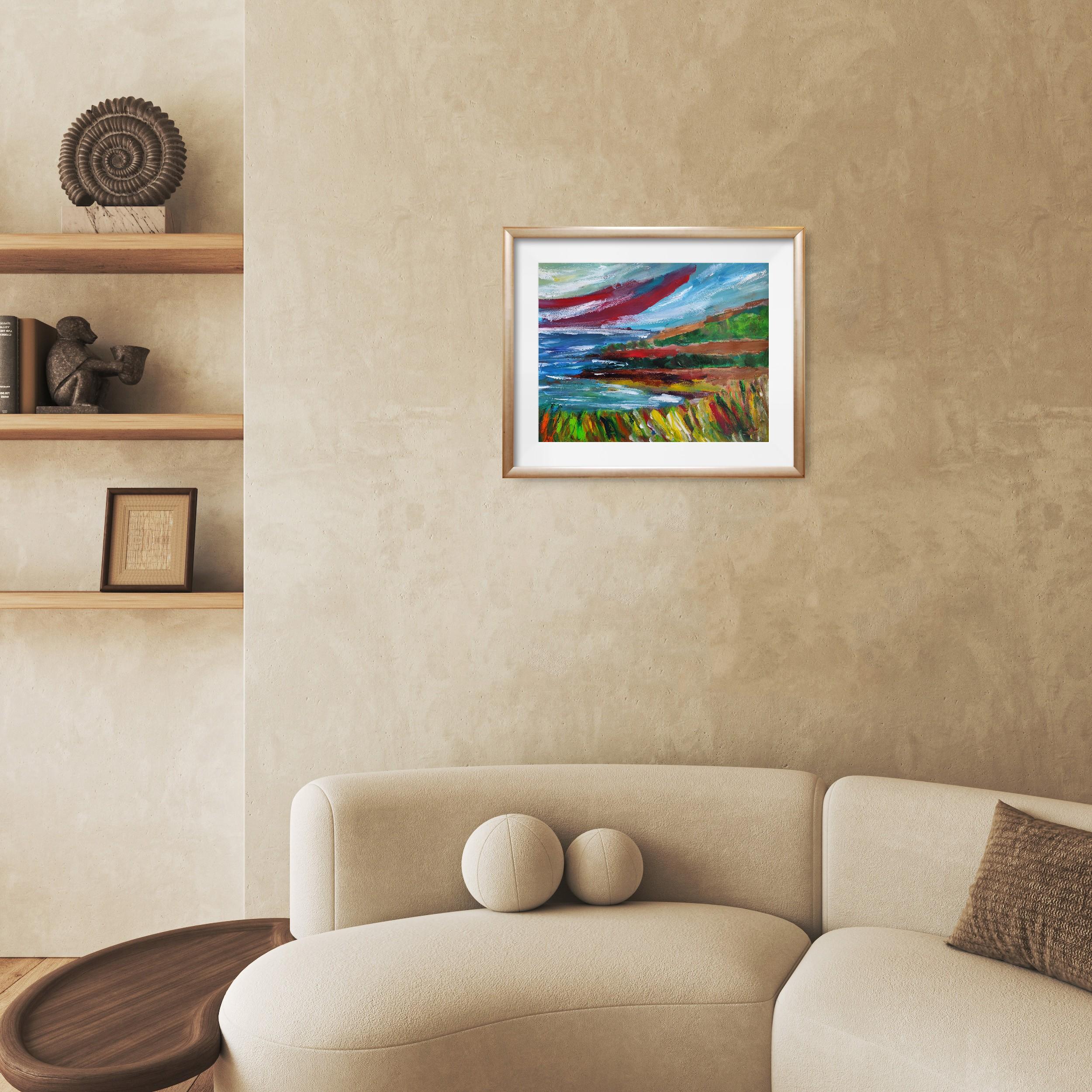 Pittura astratta espressiva Nature paesaggio mare spiaggia acrilico su carta in vendita 2