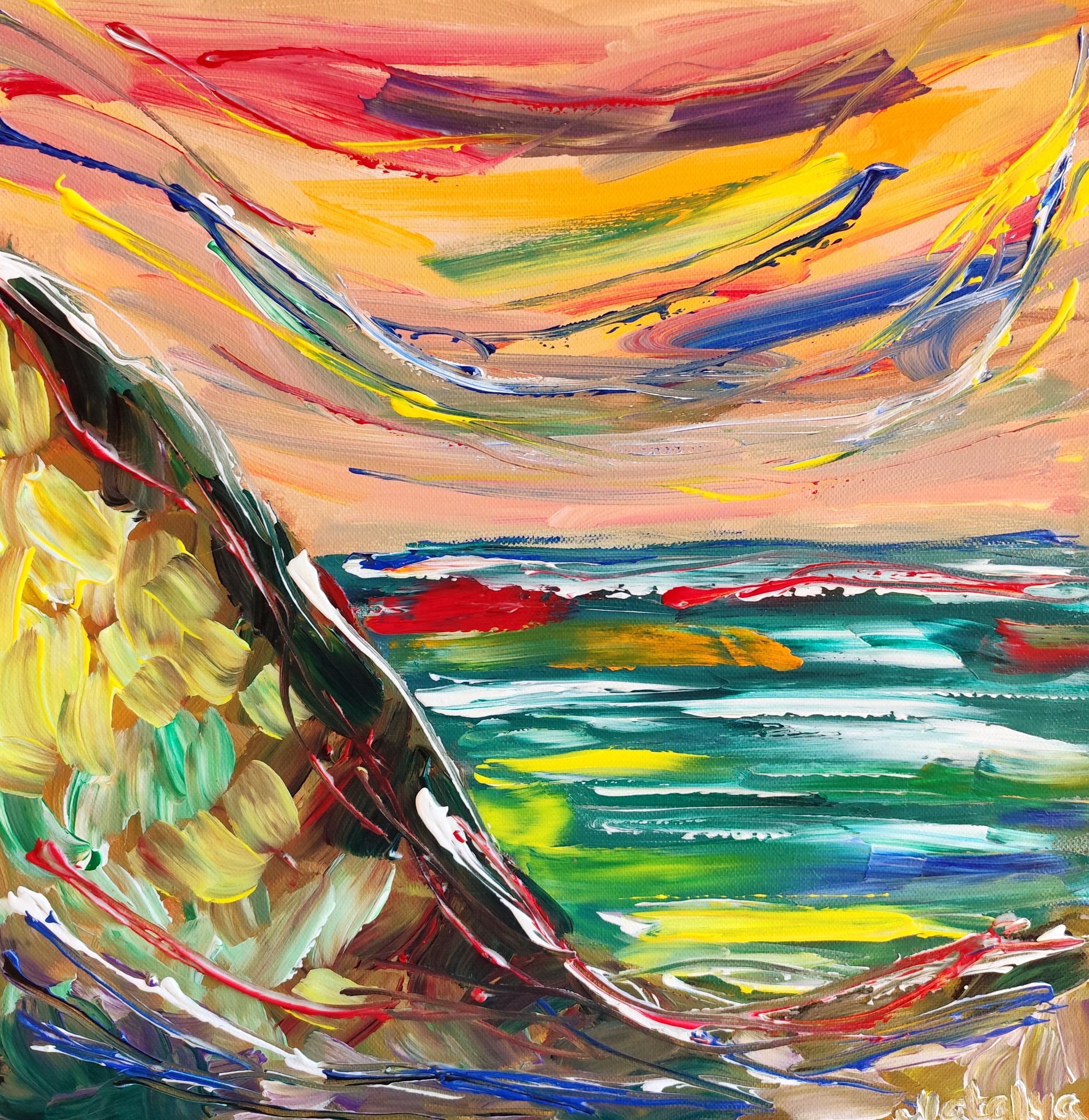 Abstraktes, ausdrucksstarkes Acrylgemälde am Meer auf Leinwand „Charming Cliffview“