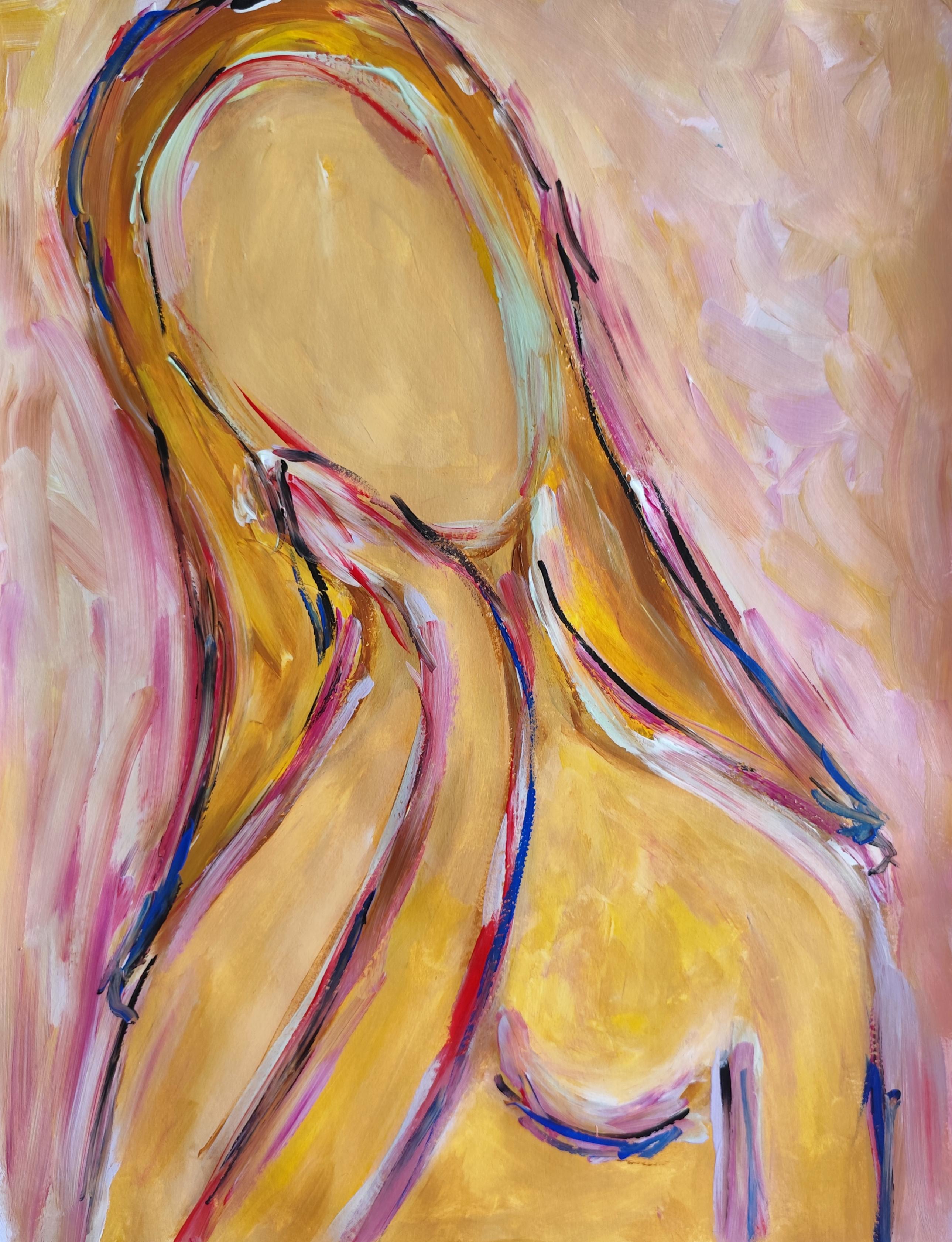 Mougenot Natalya Portrait Painting - Abstract Expressive woman's portrait acrylic on paper "What she holds within"