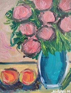 Peinture à l'huile impressionniste abstraite et florale expressive "Roses et deux pommes"