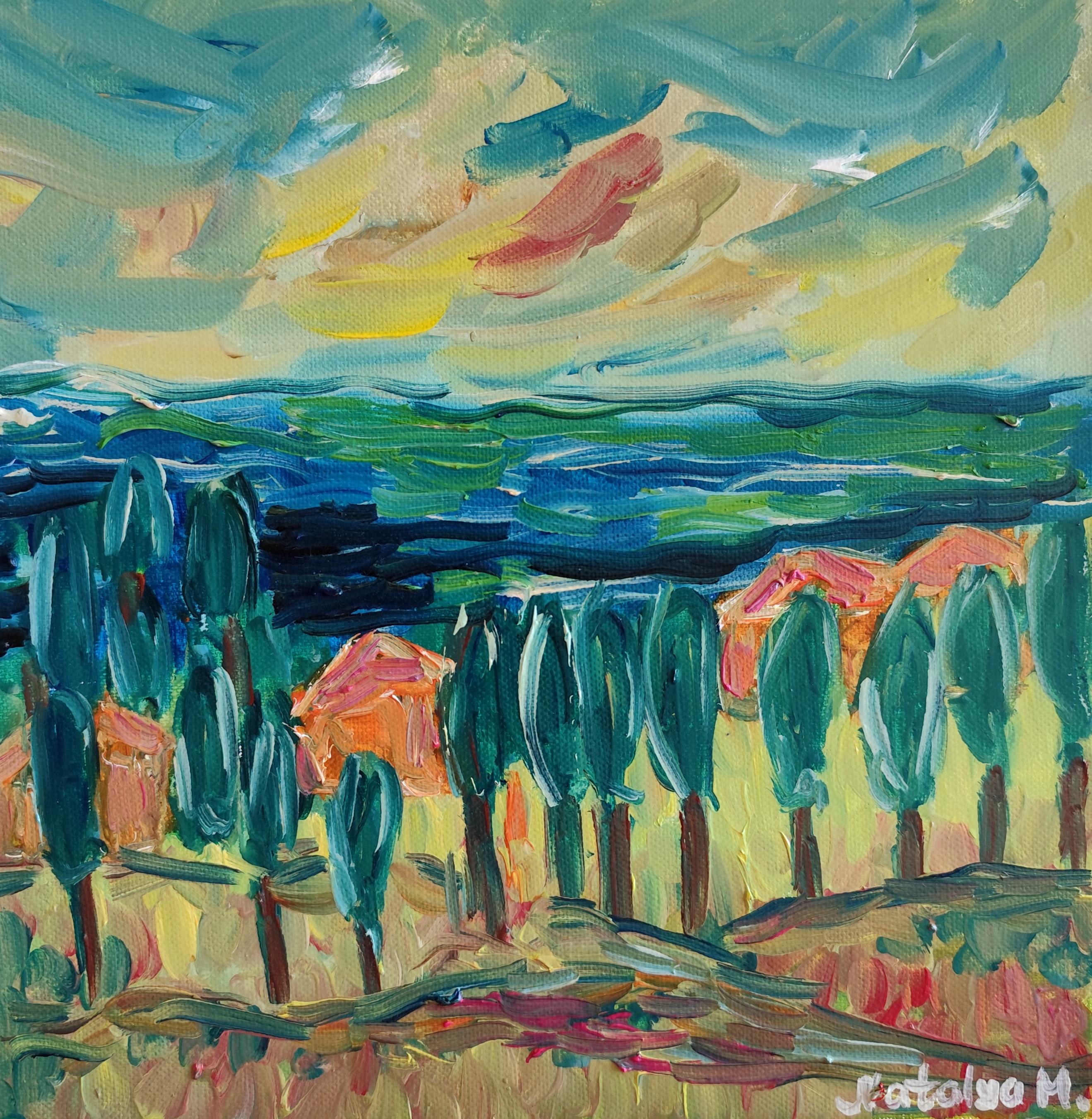 Pittura ad olio astratta impressionista ed espressiva di Nature "Cipressi sulla costa