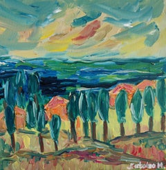 Pittura ad olio astratta impressionista ed espressiva di Nature "Cipressi sulla costa
