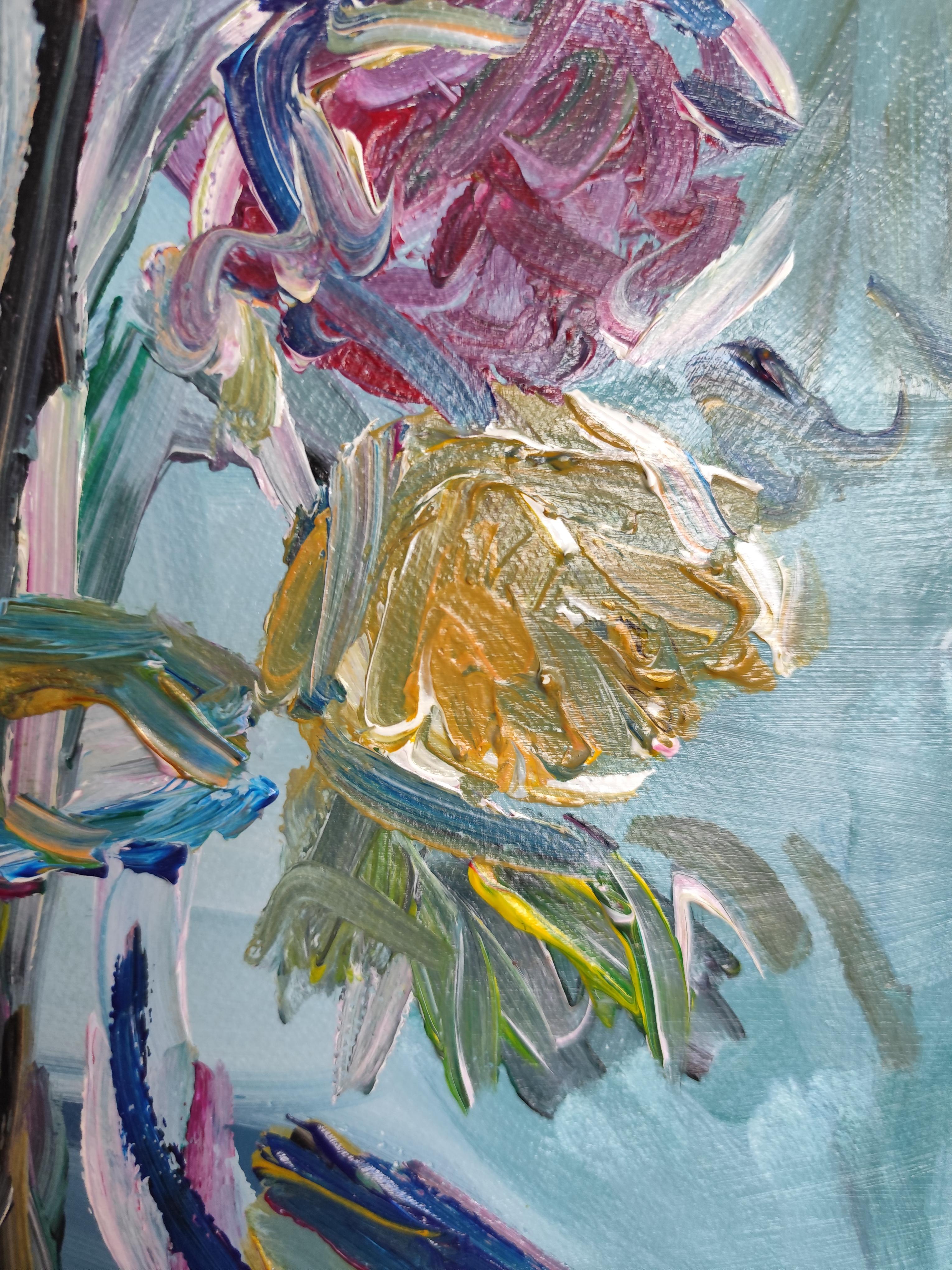 Abstraktes impressionistisches Blumen-Acrylgemälde auf Papier „Morning's Rose bloom“ im Angebot 6