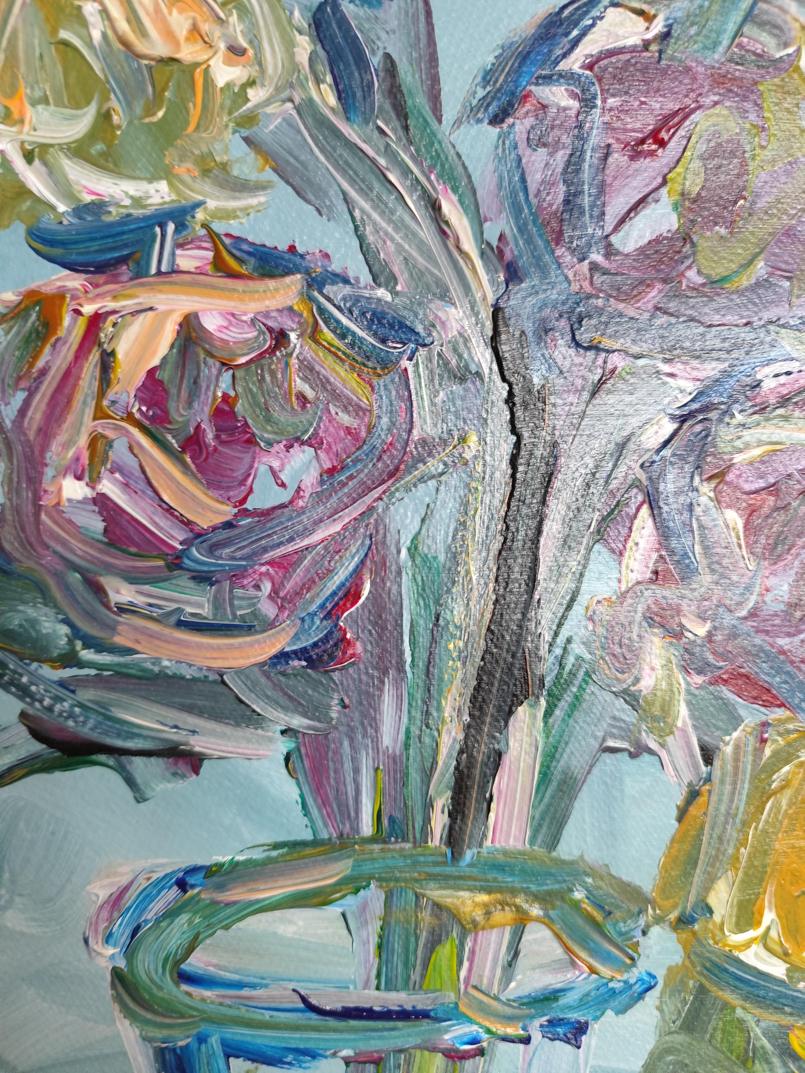 Abstraktes impressionistisches Blumen-Acrylgemälde auf Papier „Morning's Rose bloom“ im Angebot 7