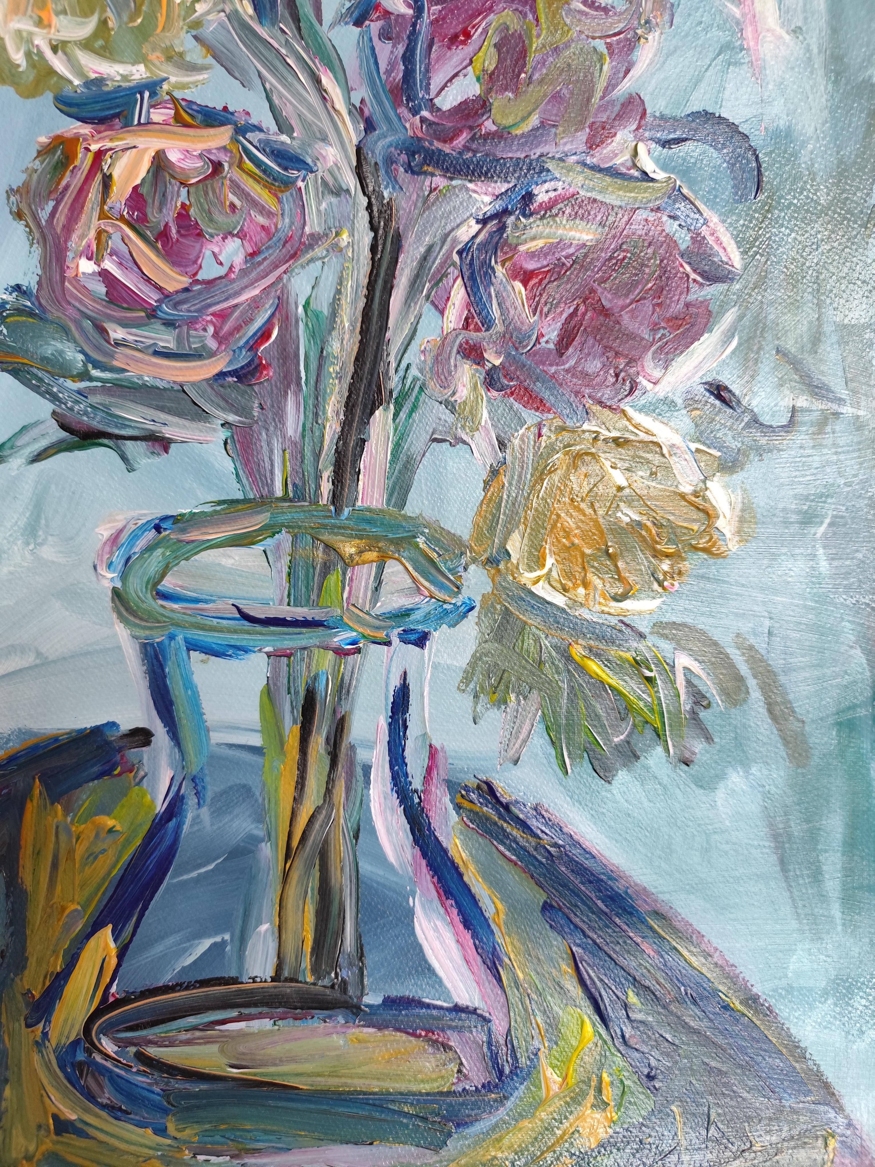 Abstraktes impressionistisches Blumen-Acrylgemälde auf Papier „Morning's Rose bloom“ im Angebot 8
