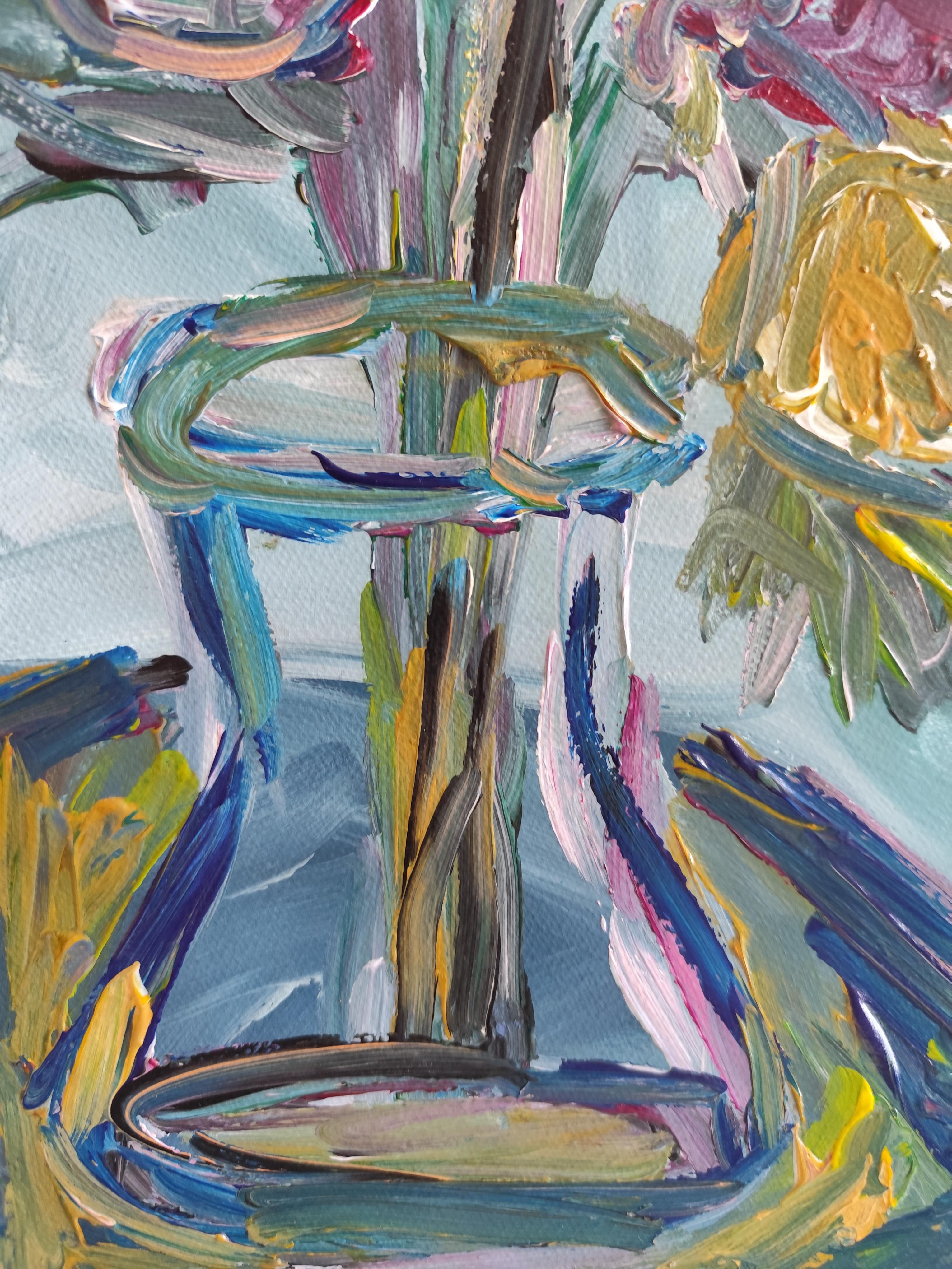 Abstraktes impressionistisches Blumen-Acrylgemälde auf Papier „Morning's Rose bloom“ im Angebot 10