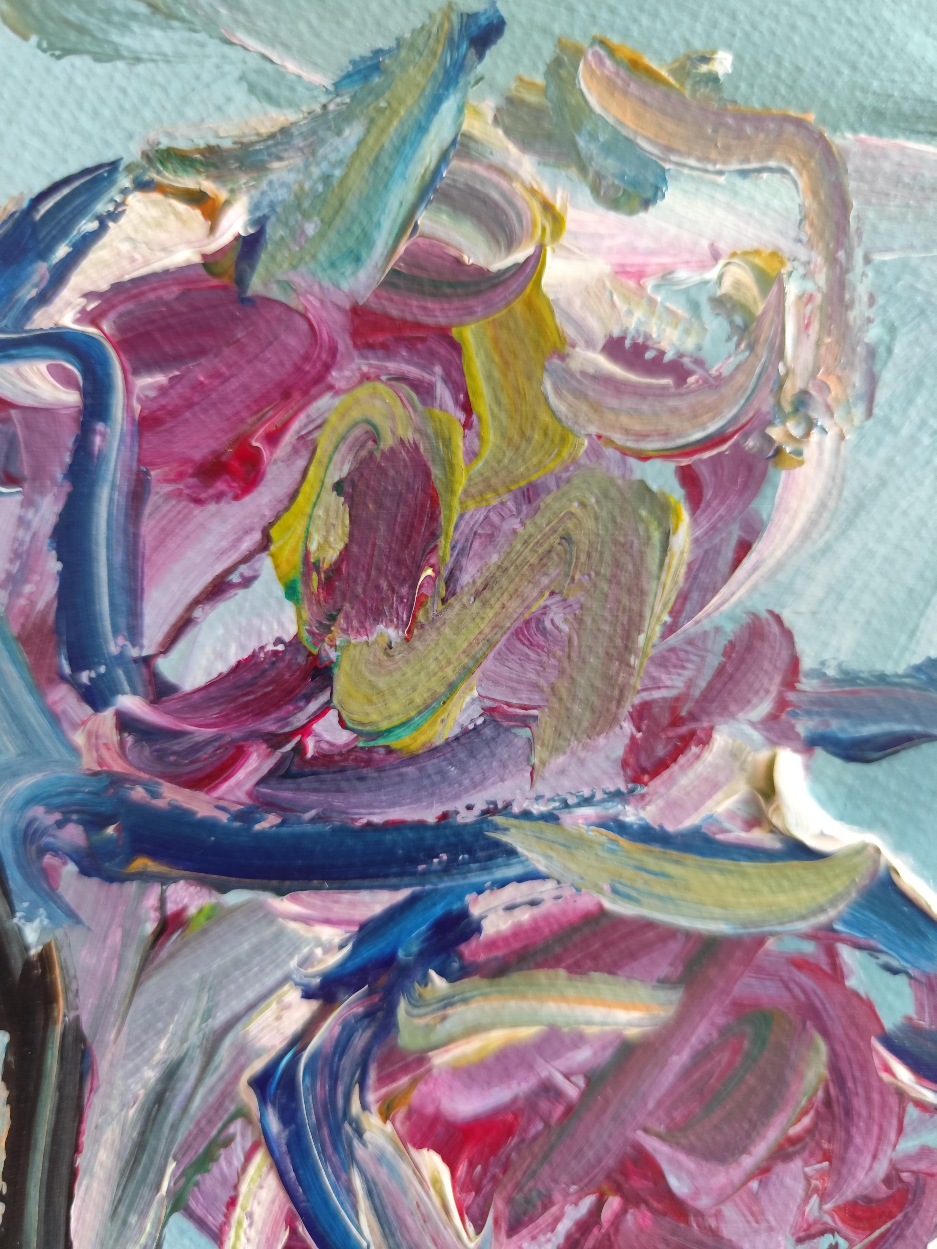 Abstraktes impressionistisches Blumen-Acrylgemälde auf Papier „Morning's Rose bloom“ im Angebot 11