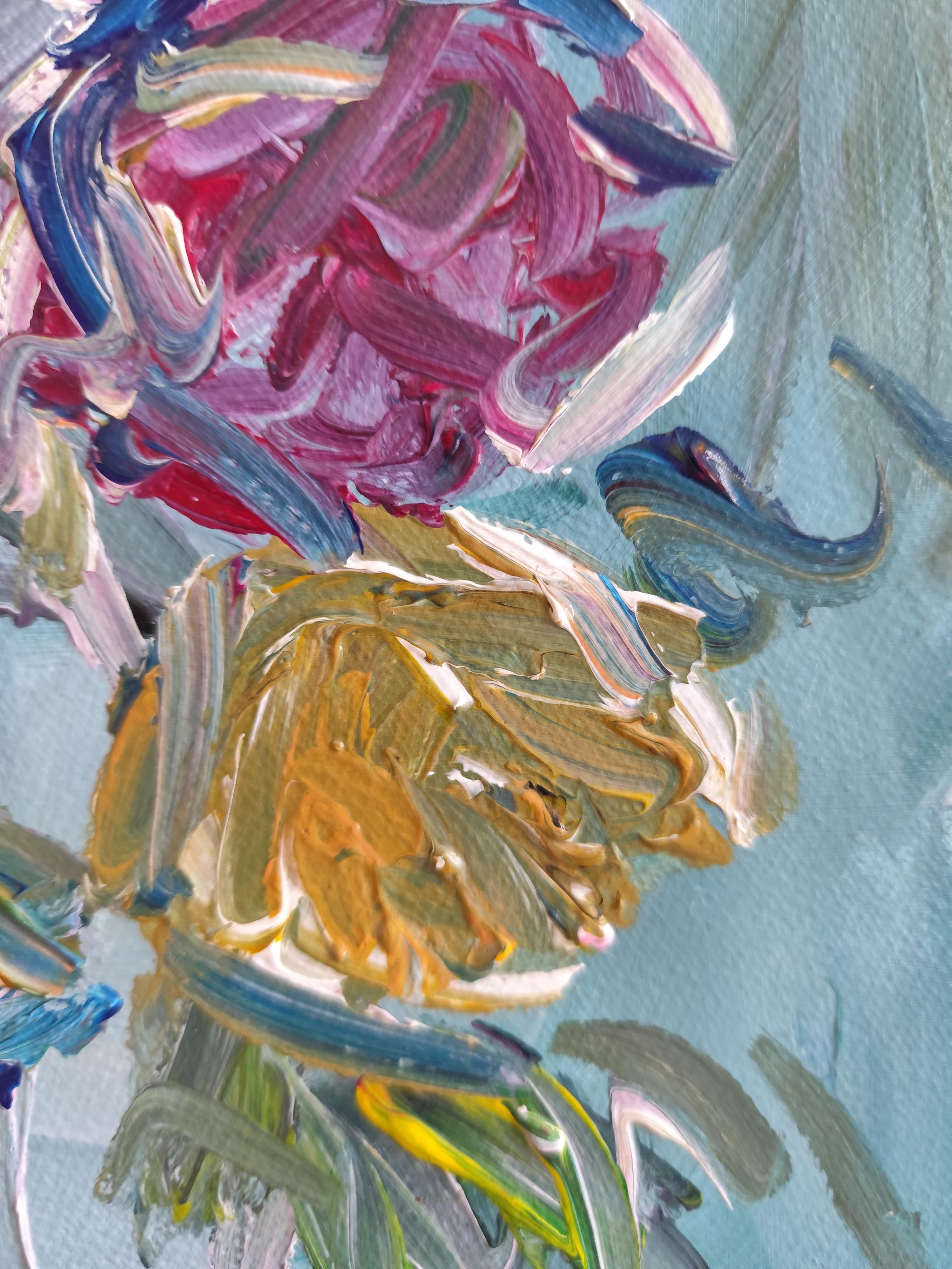 Abstraktes impressionistisches Blumen-Acrylgemälde auf Papier „Morning's Rose bloom“ im Angebot 12