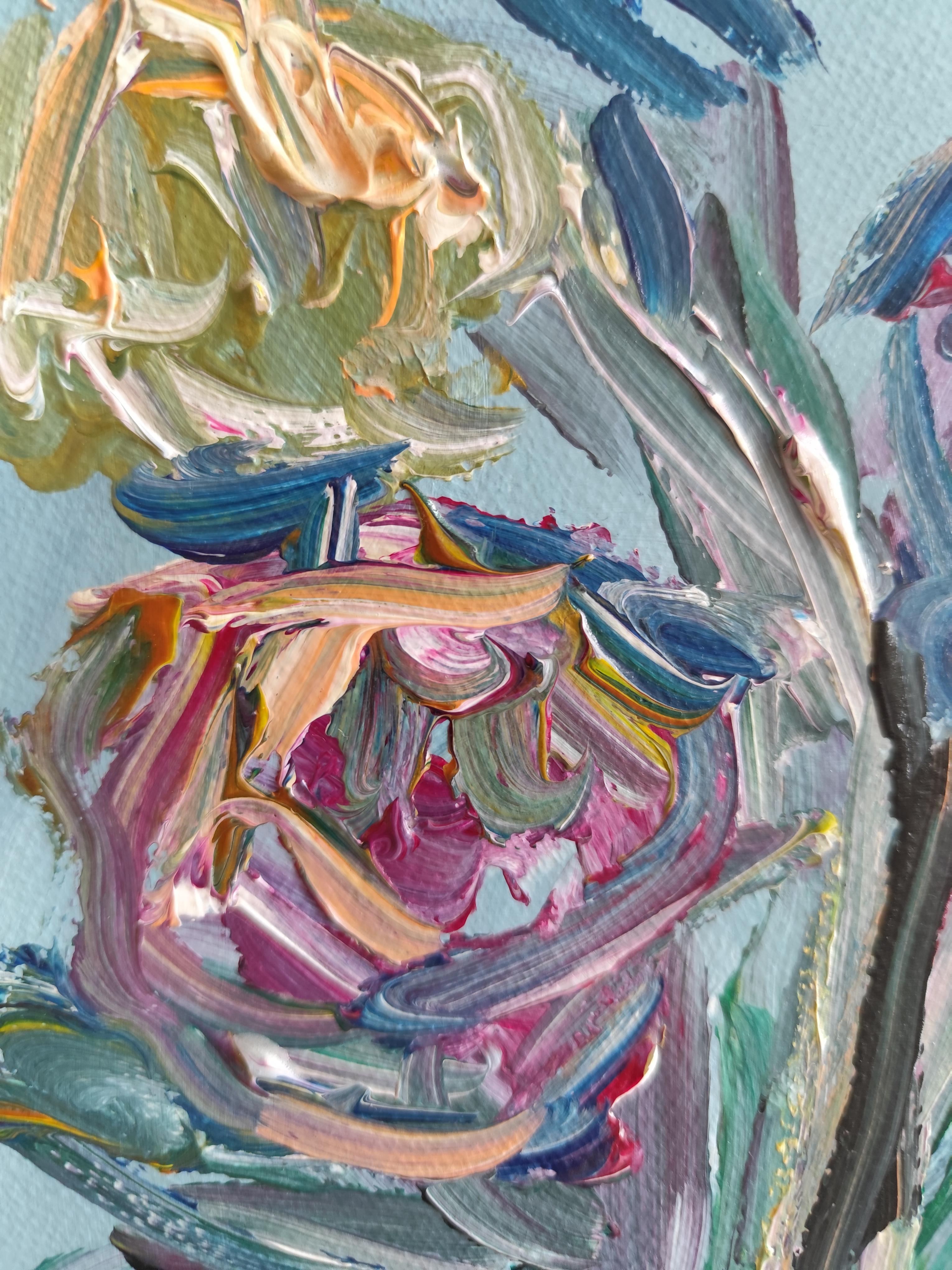 Abstraktes impressionistisches Blumen-Acrylgemälde auf Papier „Morning's Rose bloom“ im Angebot 13