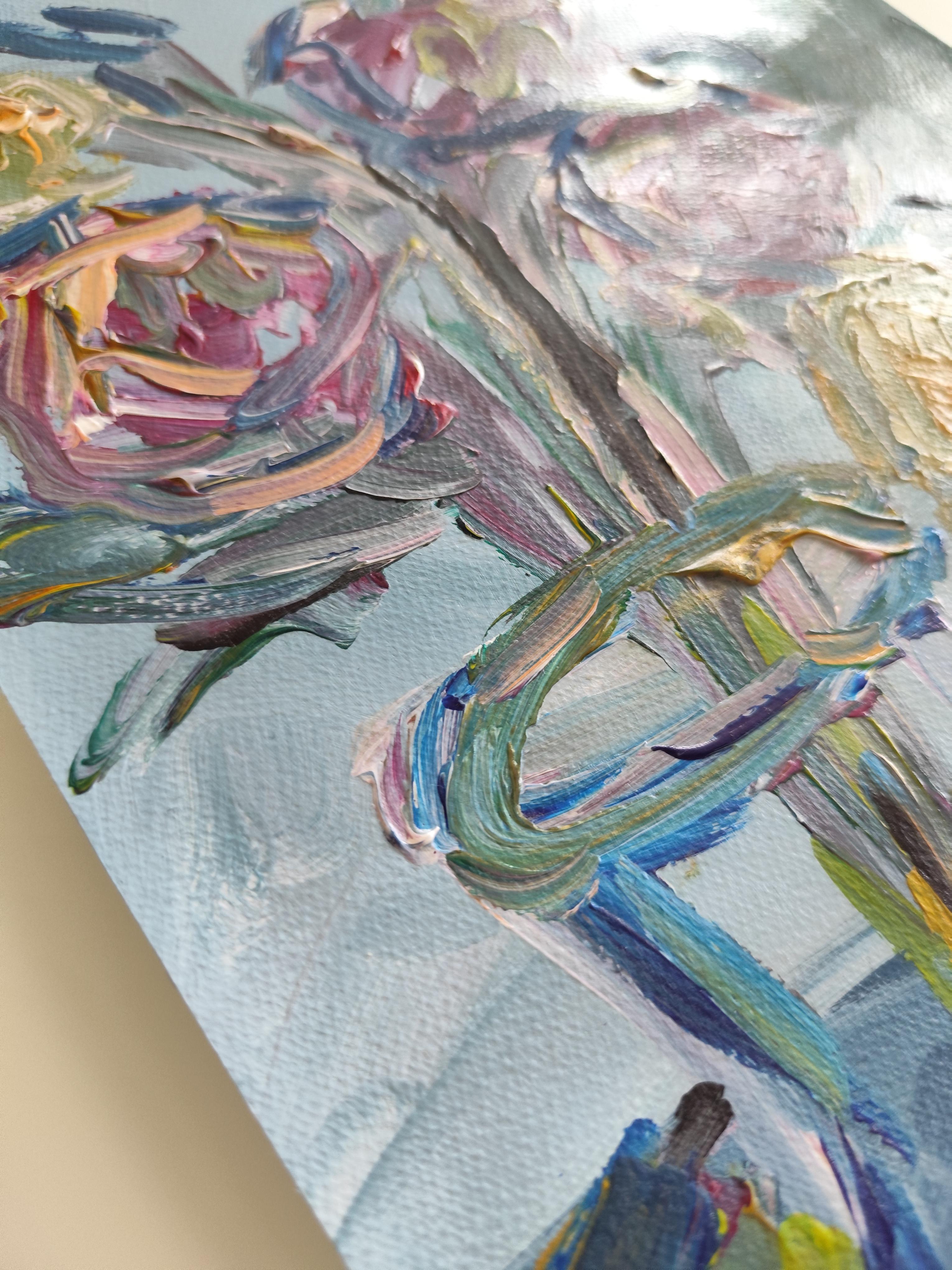 Abstraktes impressionistisches Blumen-Acrylgemälde auf Papier „Morning's Rose bloom“ im Angebot 14