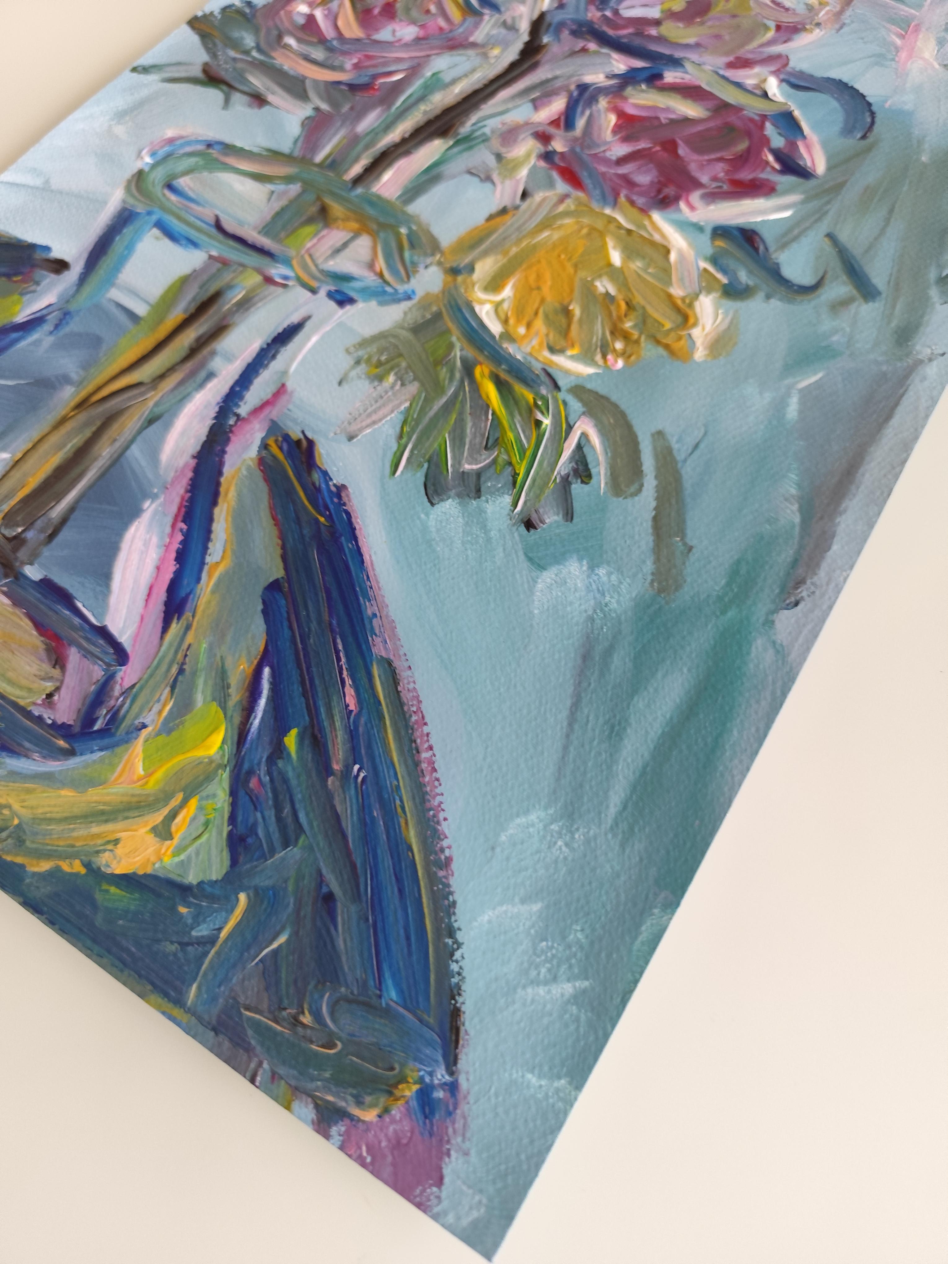 Abstraktes impressionistisches Blumen-Acrylgemälde auf Papier „Morning's Rose bloom“ im Angebot 15