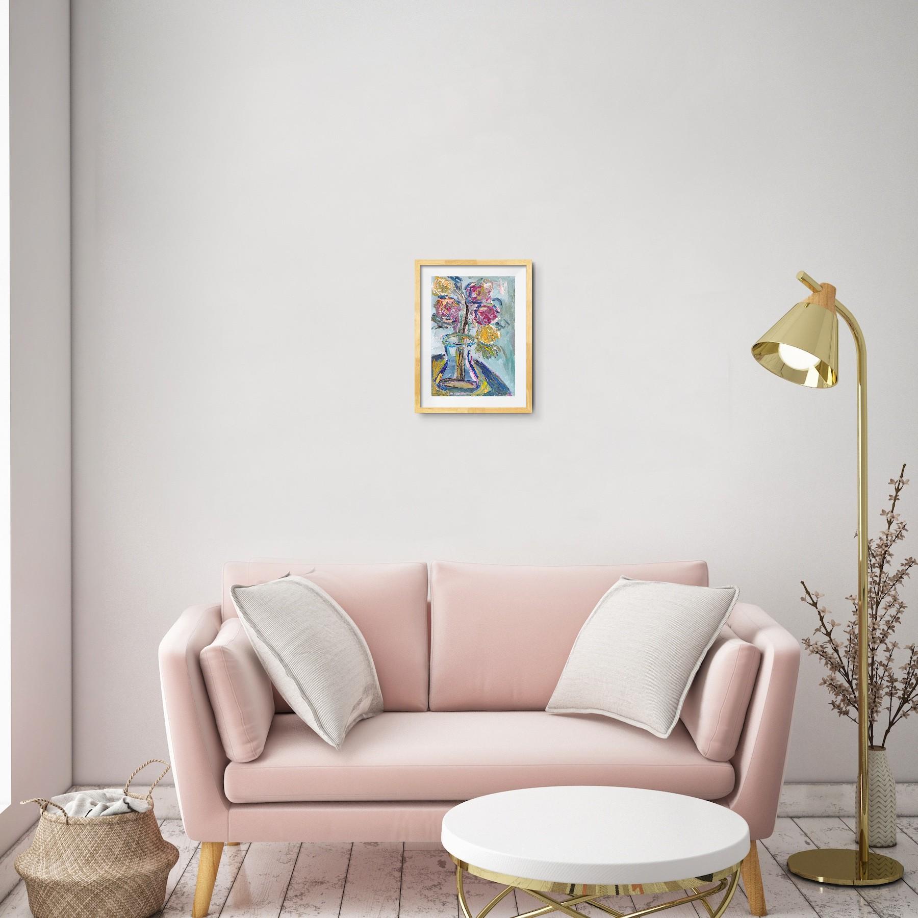 Abstraktes impressionistisches Blumen-Acrylgemälde auf Papier „Morning's Rose bloom“ – Painting von Mougenot Natalya
