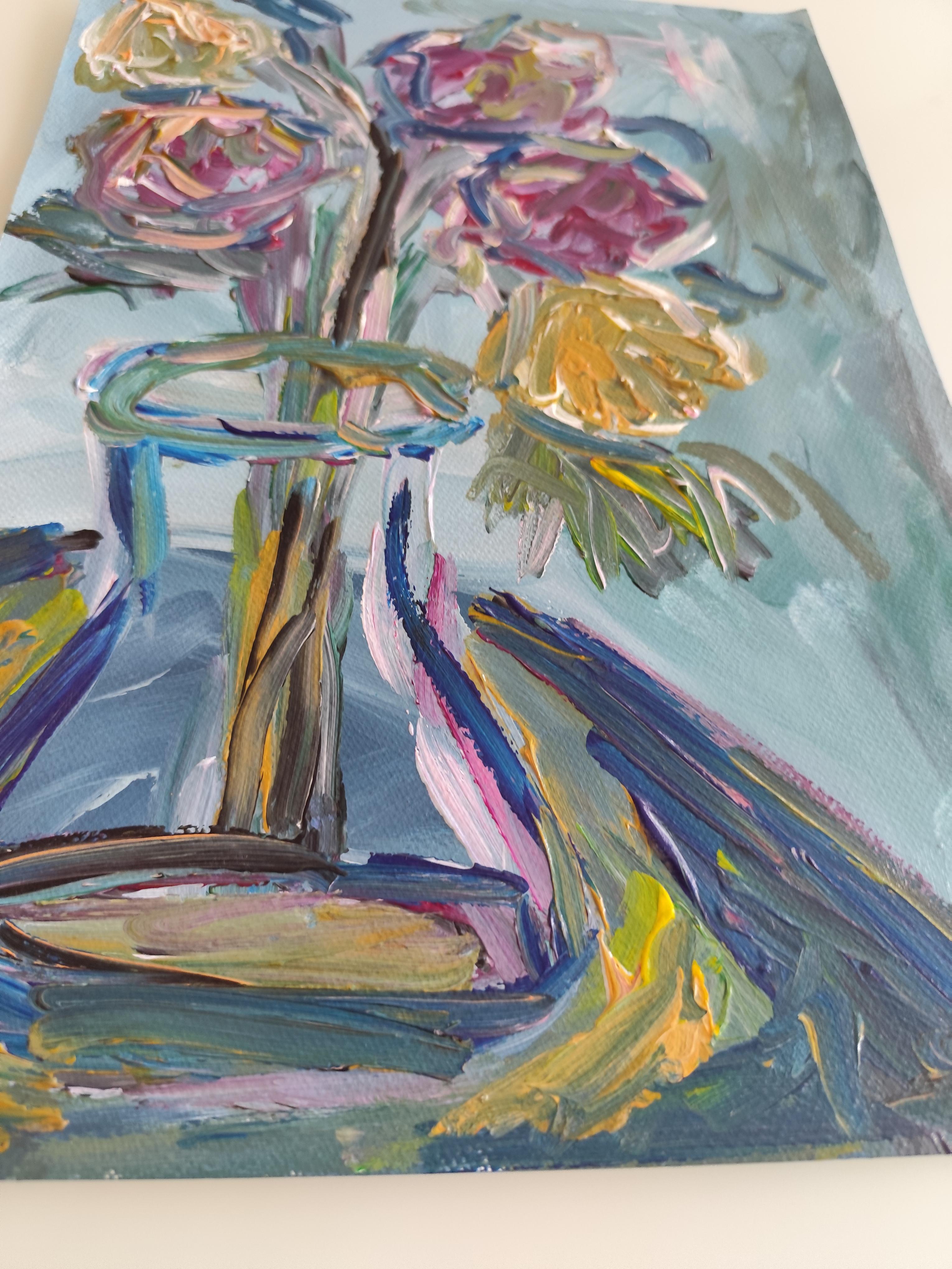 Abstraktes impressionistisches Blumen-Acrylgemälde auf Papier „Morning's Rose bloom“ im Angebot 16