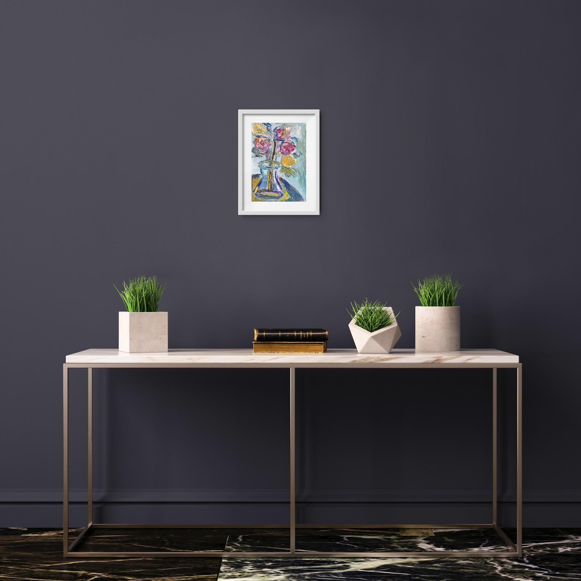 Dieses zeitgenössische impressionistische Blumenbild mit einem Hauch von Abstraktion und Art Brut, Morning's Rose Bloom, wurde von der französischen Künstlerin Natalya Mougenot in ihrem Studio in Lyon im Jahr 2025 geschaffen. Natalya ist bekannt für
