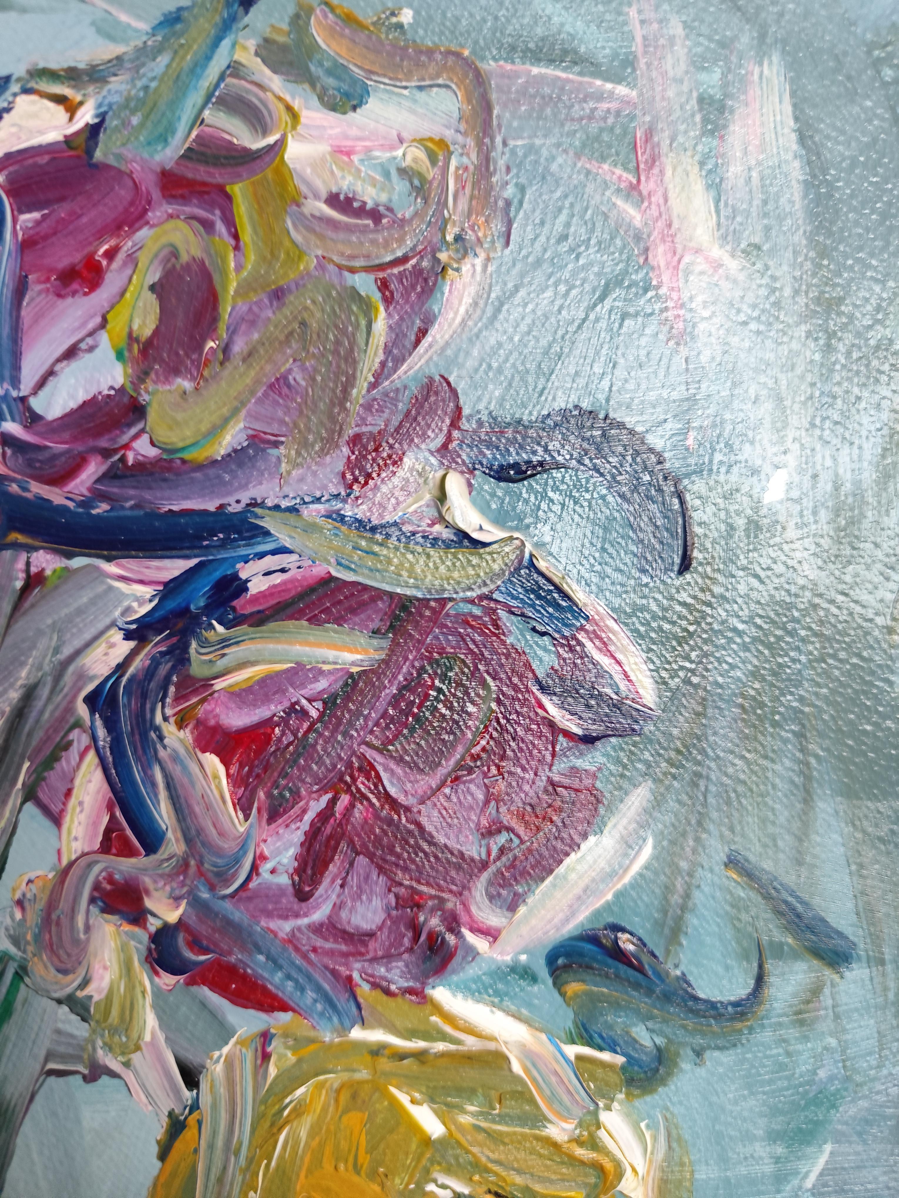 Abstraktes impressionistisches Blumen-Acrylgemälde auf Papier „Morning's Rose bloom“ im Angebot 5