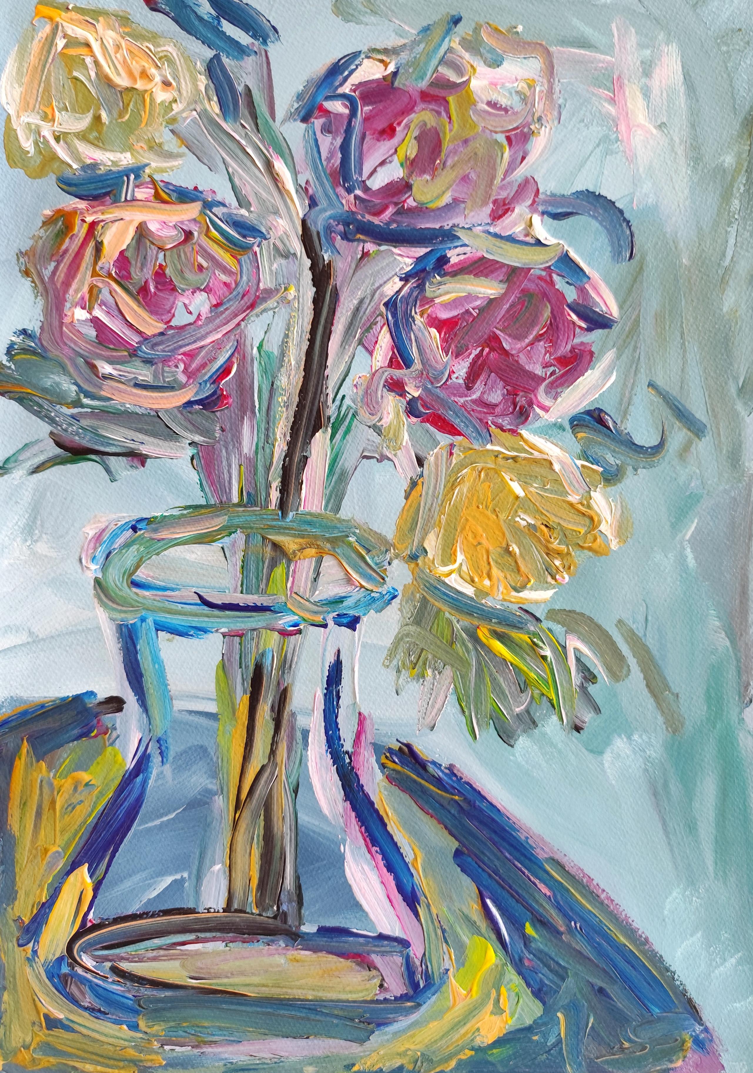 Pittura acrilica floreale impressionista astratta su carta "Morning's rose bloom" (Sboccio di rosa mattutina)