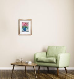 Abstrakt-impressionistisches Blumen-Acrylgemälde auf Papier „Rose's embrace“