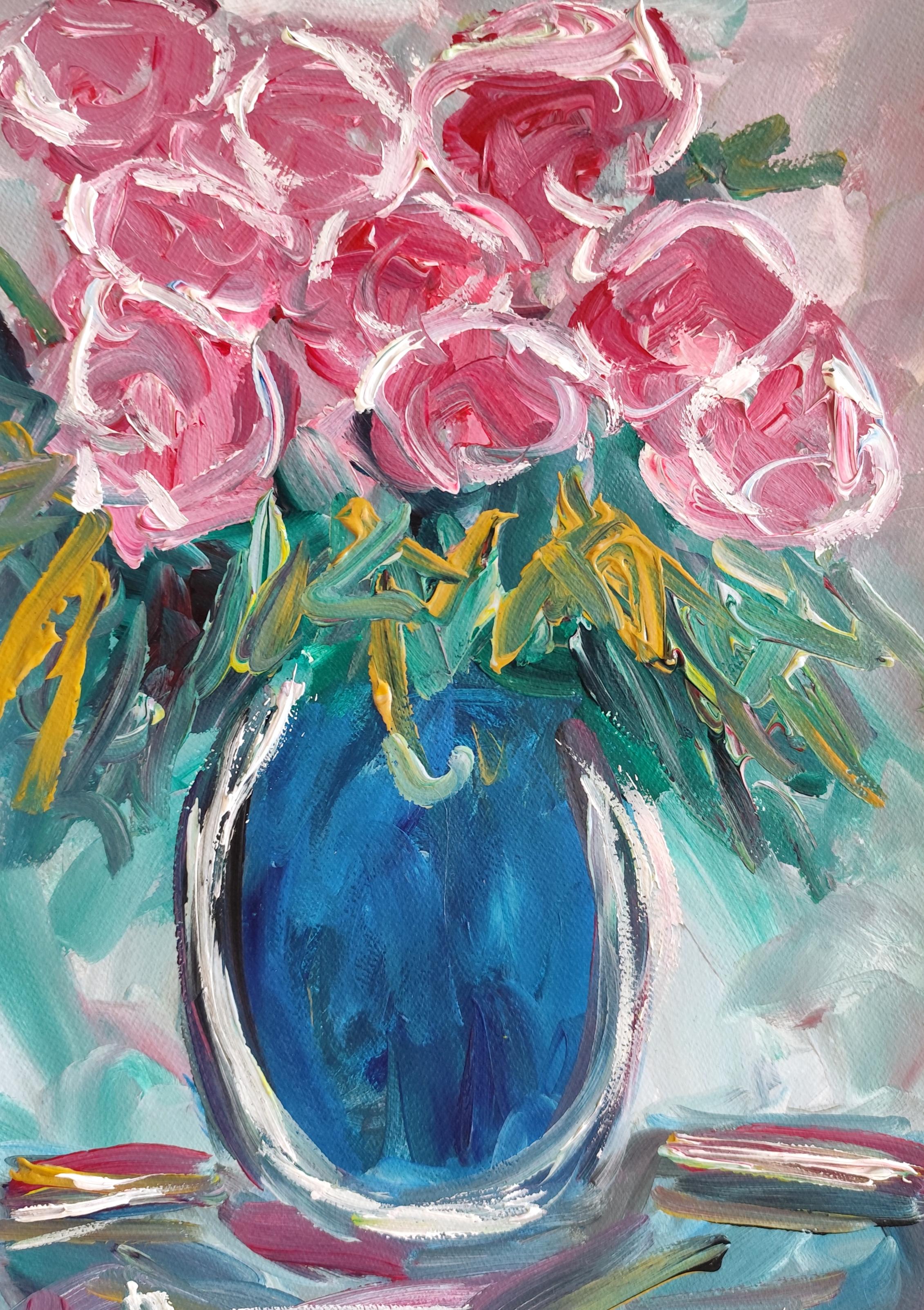 Peinture acrylique florale abstraite impressionniste sur papier « L'embrace de la rose »