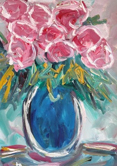 Abstract impressionist floral acrylic painting on paper "Rose's embrace"