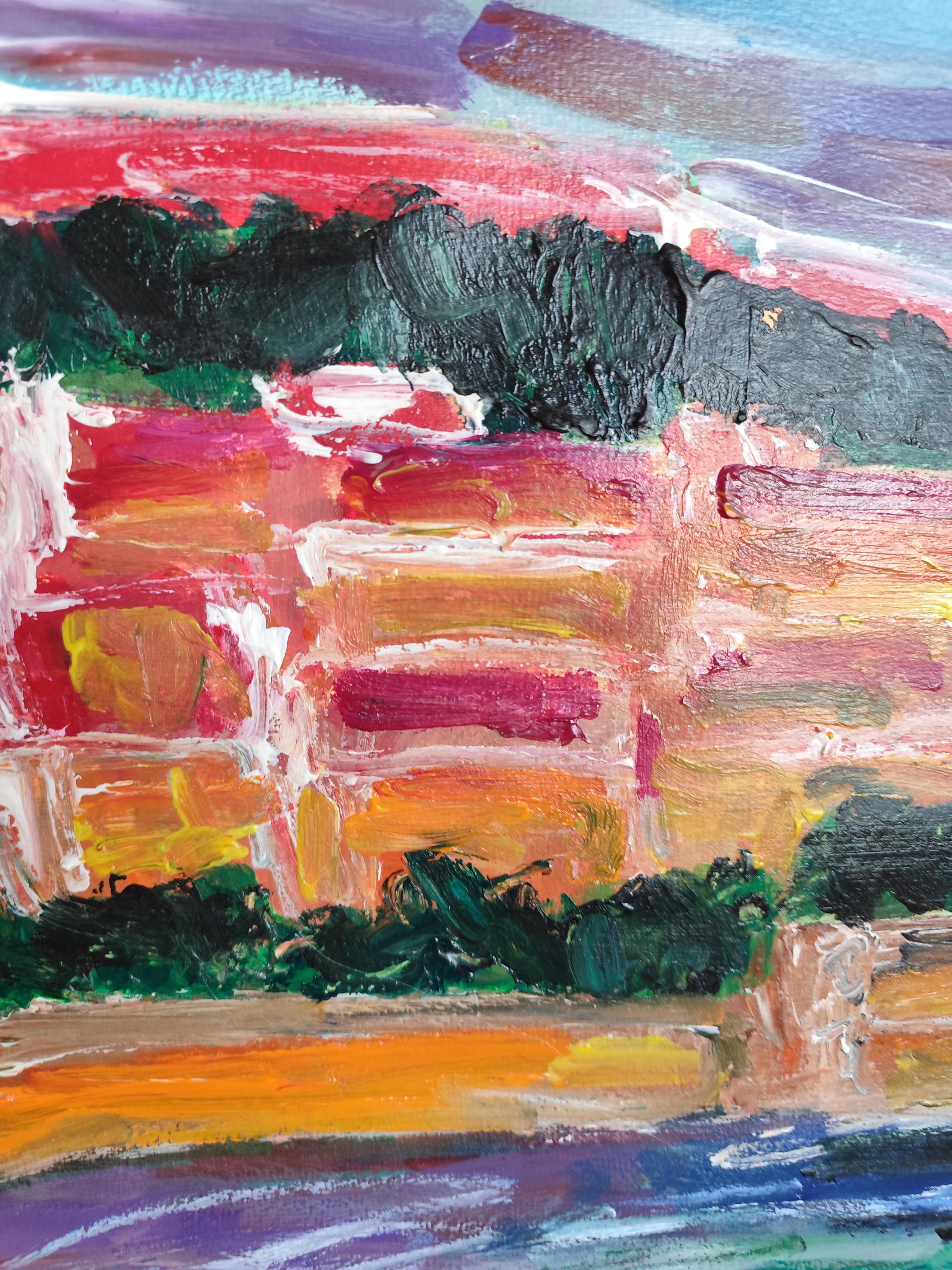 Impresionista abstracto  paisaje  pueblo del sur de francia pintura acrílica en venta 7