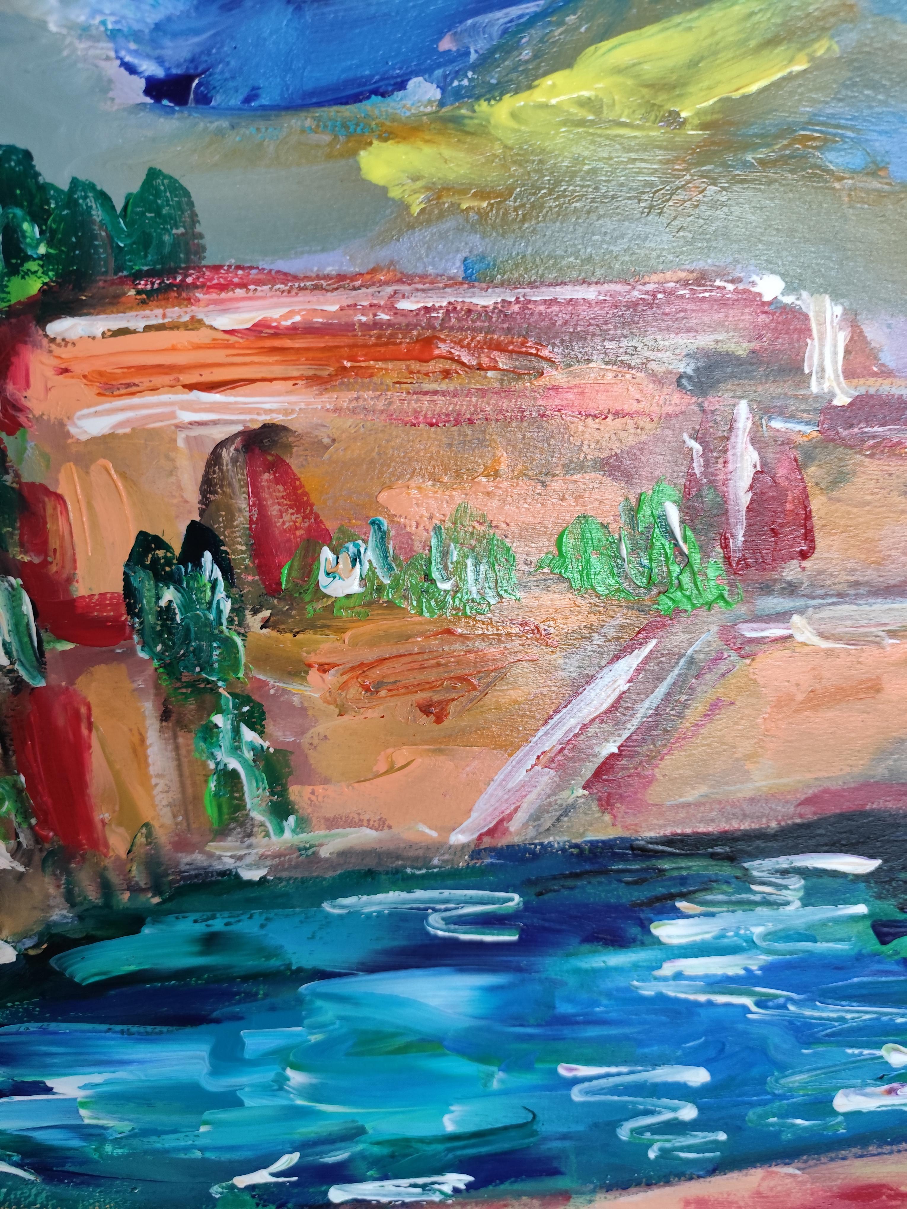 Impresionista abstracto  paisaje  pueblo del sur de francia pintura acrílica en venta 7