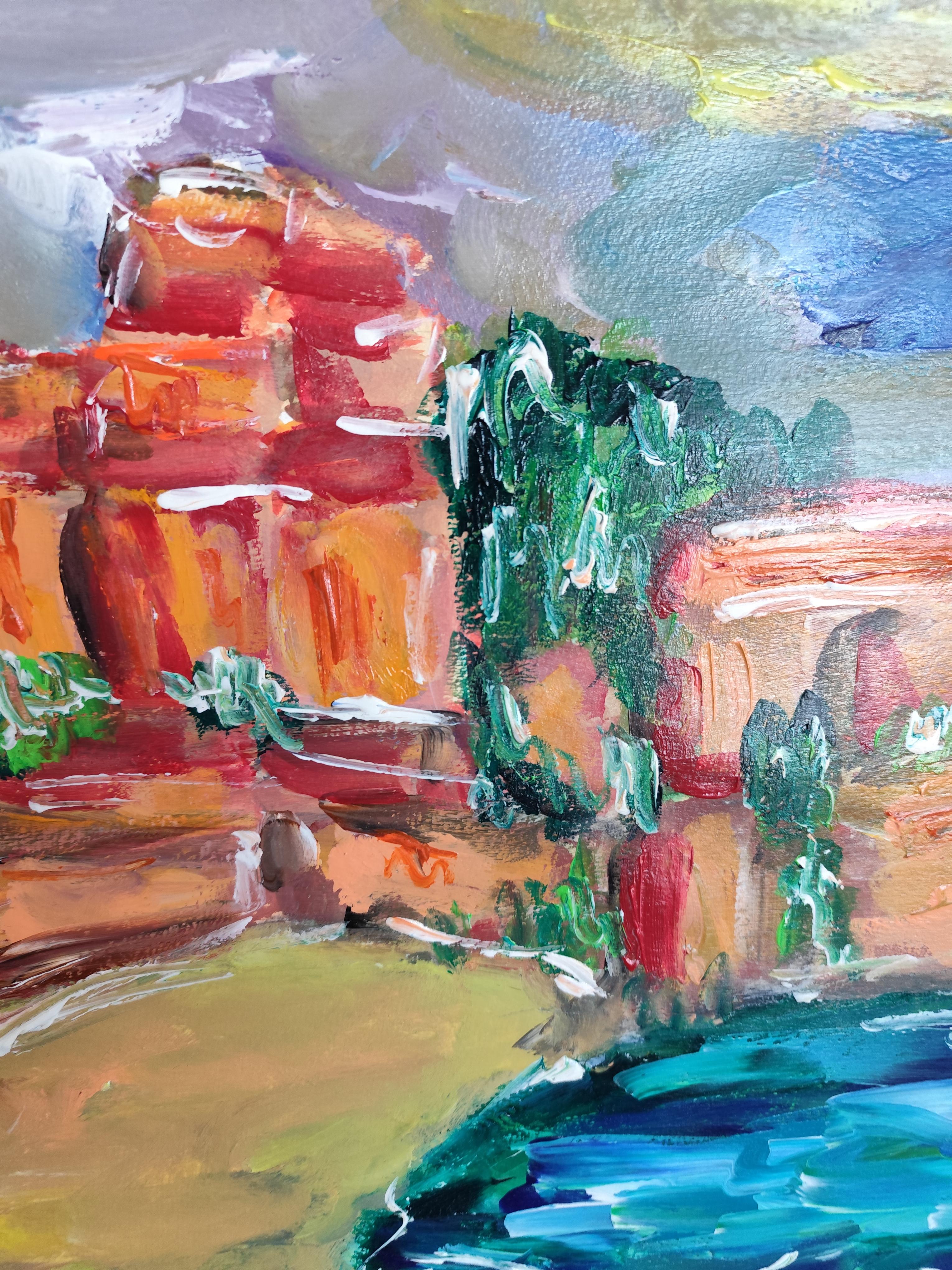 Impresionista abstracto  paisaje  pueblo del sur de francia pintura acrílica en venta 8