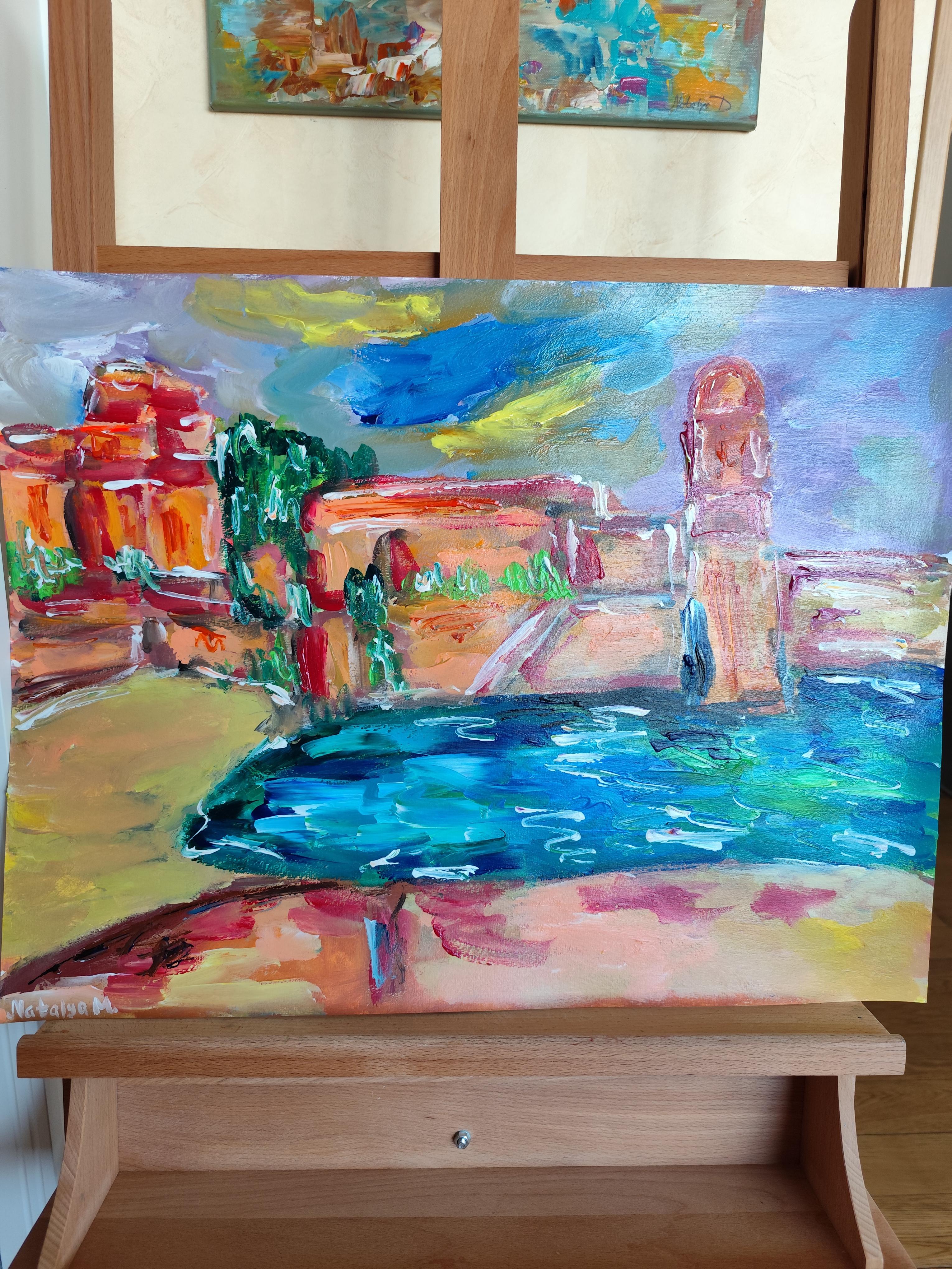 Impresionista abstracto  paisaje  pueblo del sur de francia pintura acrílica en venta 9