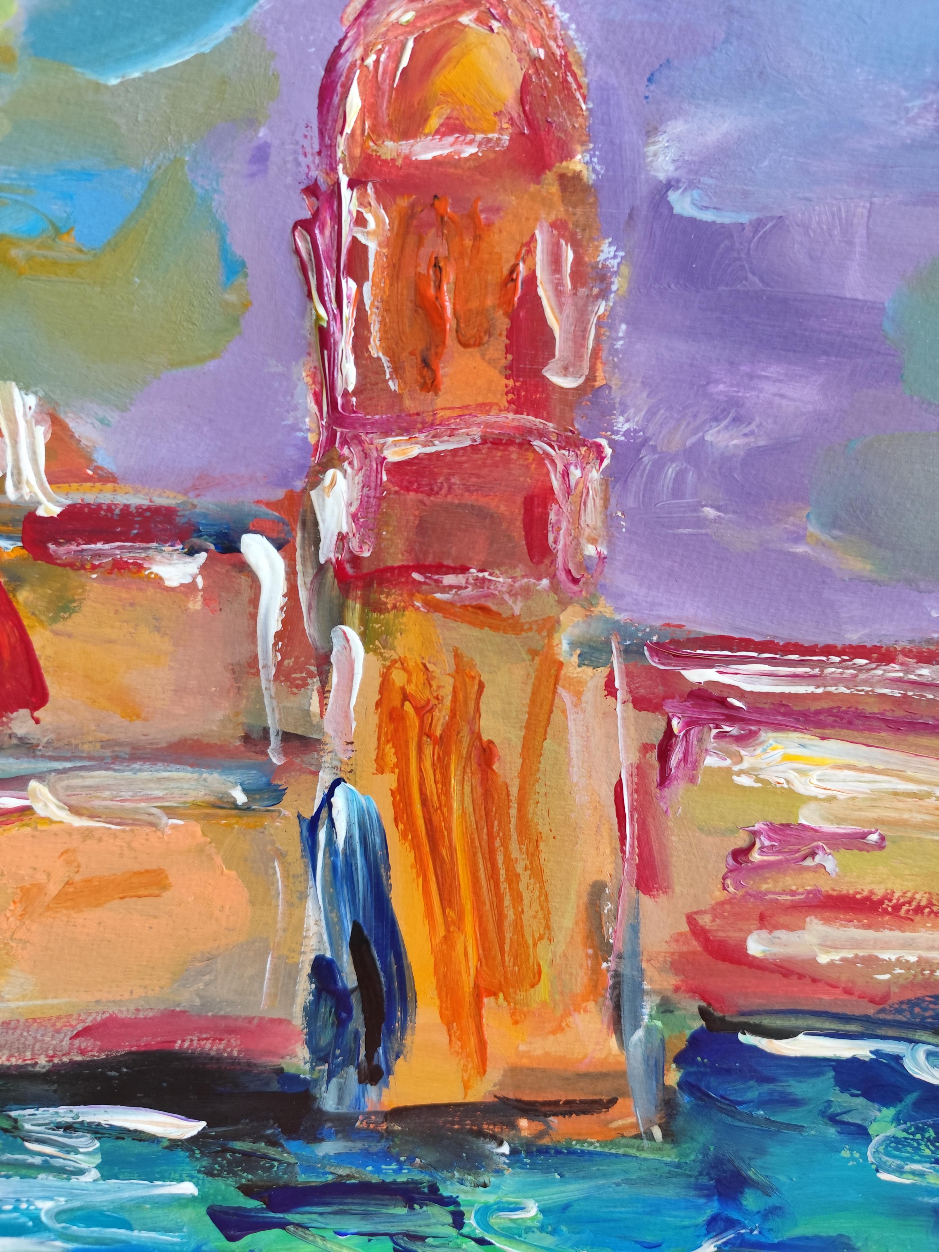 Impresionista abstracto  paisaje  pueblo del sur de francia pintura acrílica en venta 13