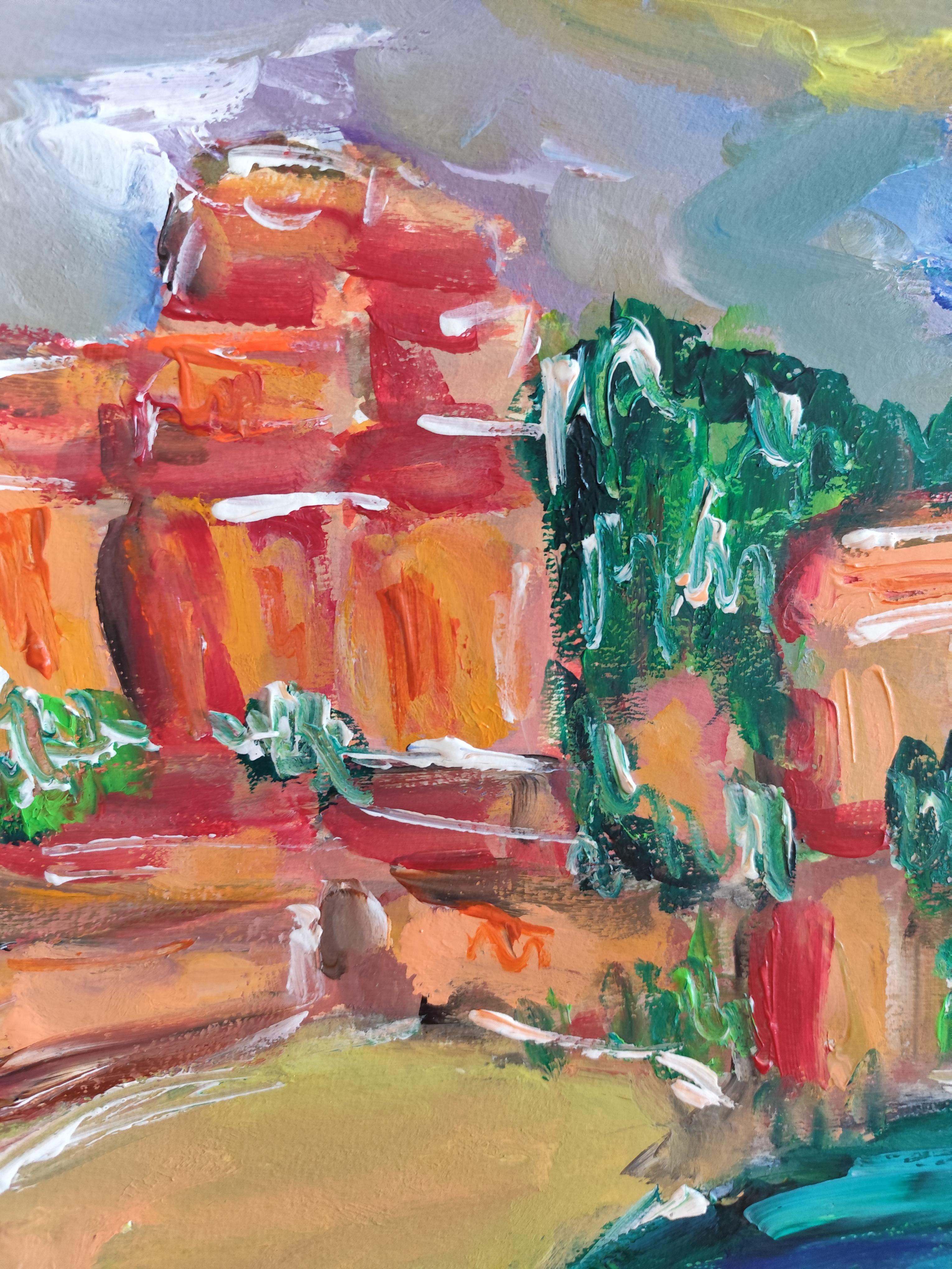 Impresionista abstracto  paisaje  pueblo del sur de francia pintura acrílica en venta 14
