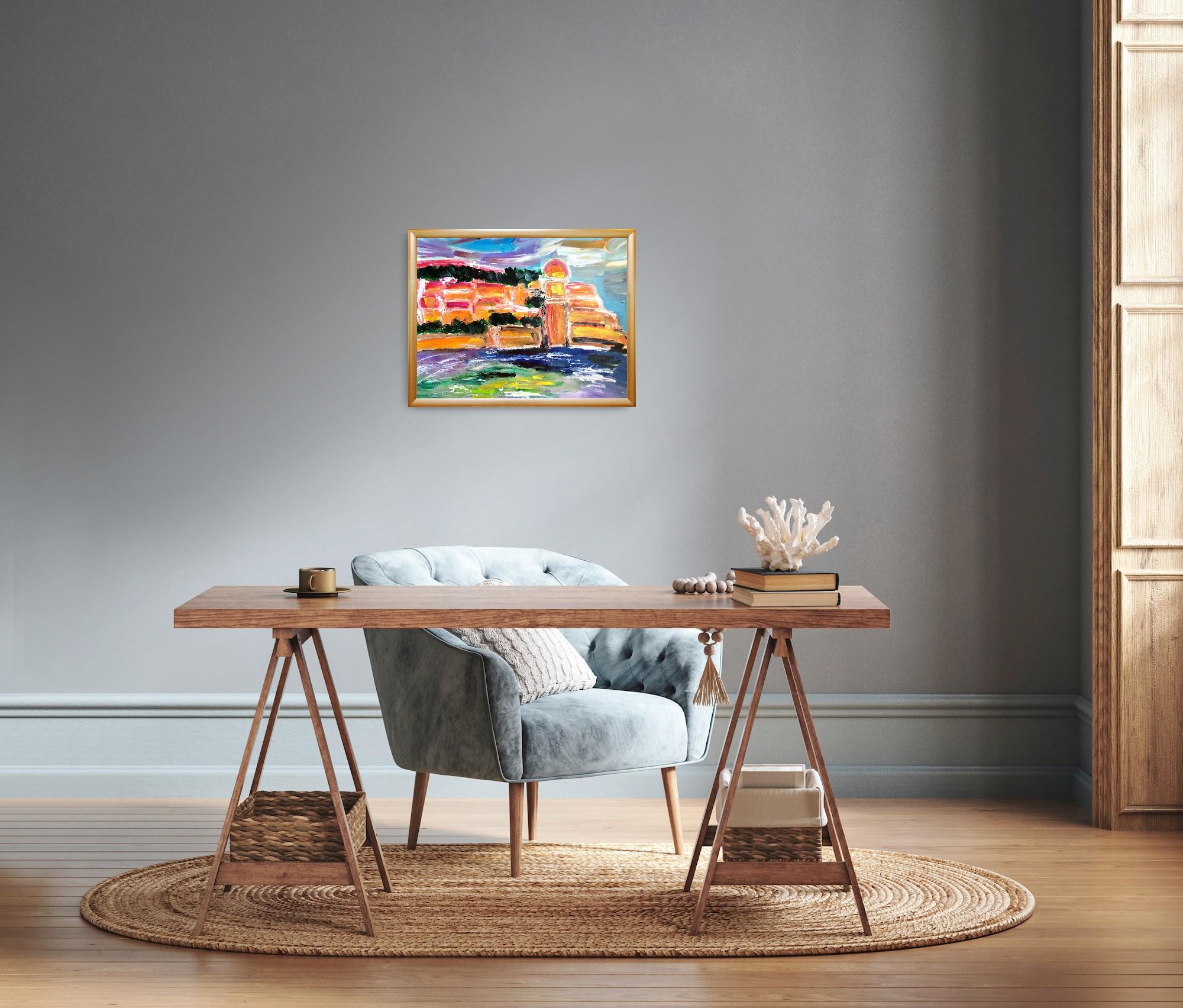 Impresionista abstracto  paisaje  pueblo del sur de francia pintura acrílica - Landscape Painting Beige de Mougenot Natalya